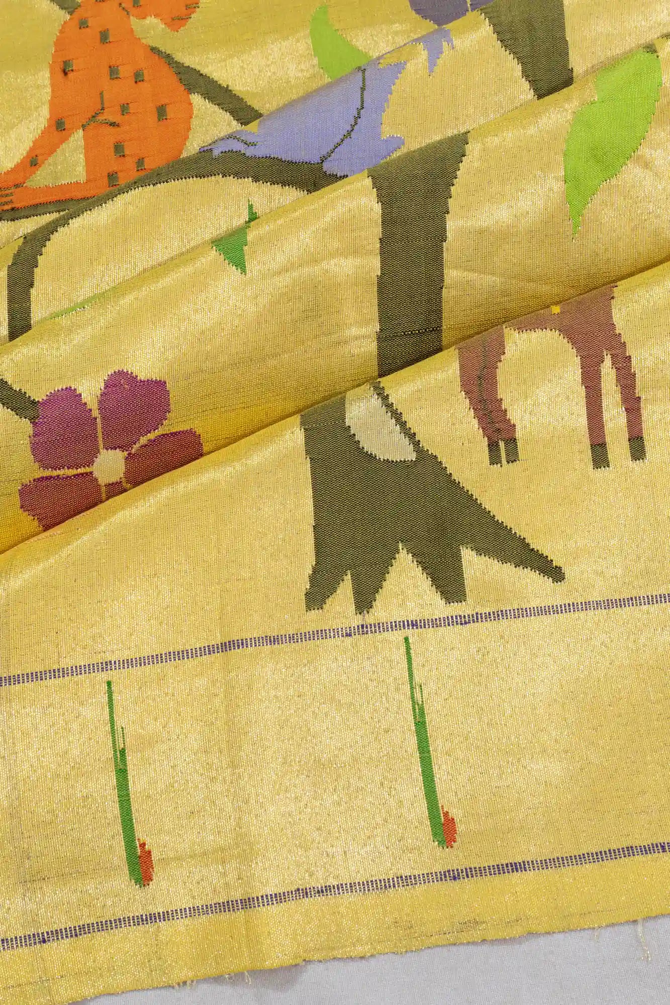 Paithani Silk All Over Tissue Jaal Gold Saree With Single Muniya Border