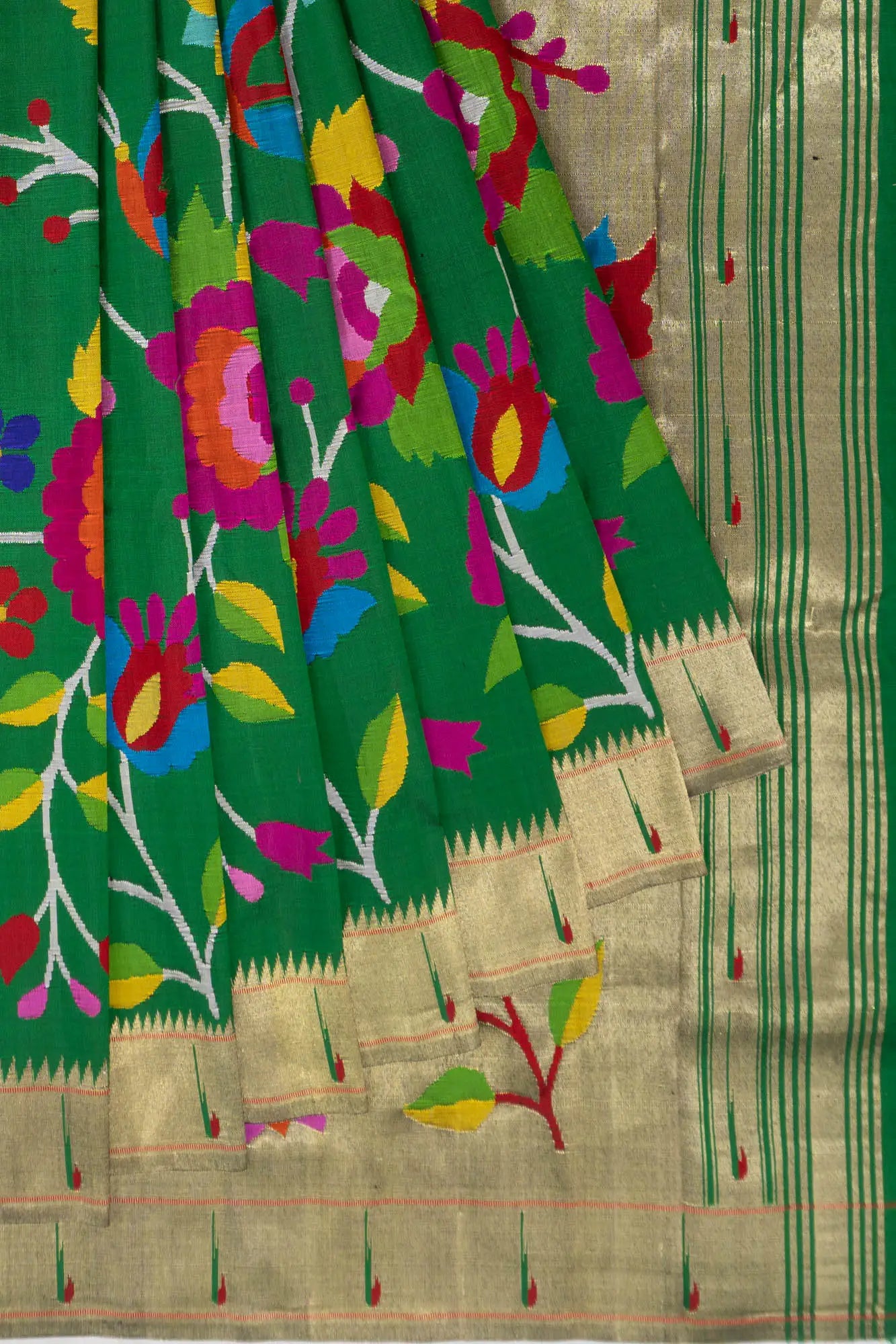 Paithani Silk All Over Jaal Bottle Green Saree With Single Muniya Border