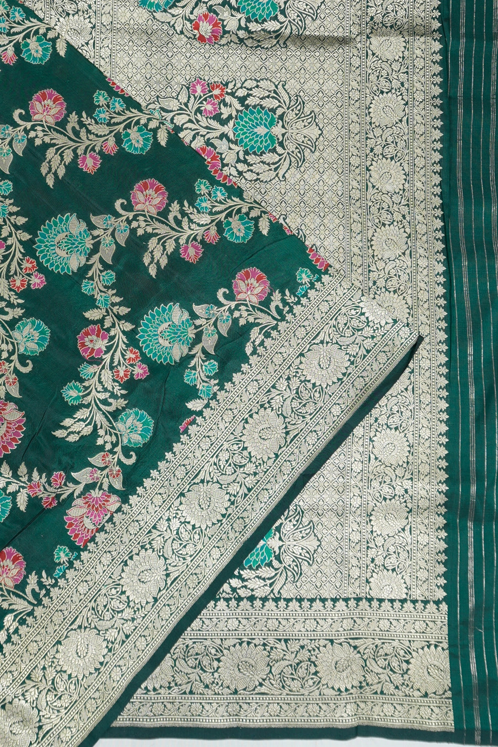 Vaanya Banaras Silk Jaal Bottle Green Saree