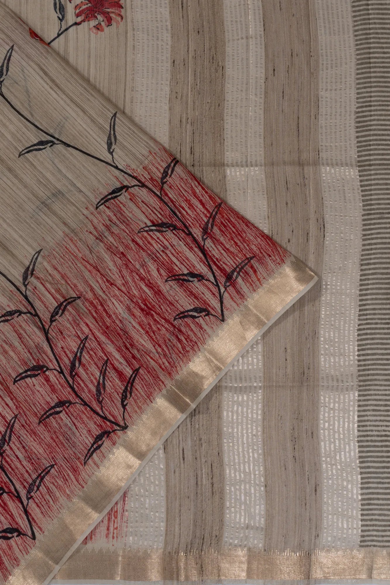 Tussar Floral Printed Cream Saree