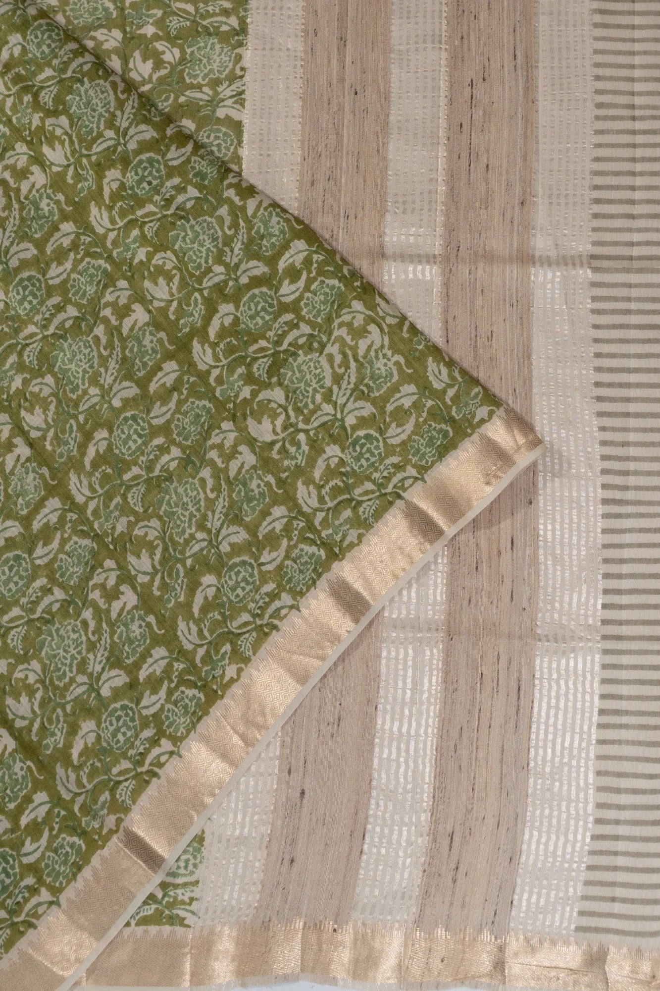 Tussar Floral Printed Olive Green Saree