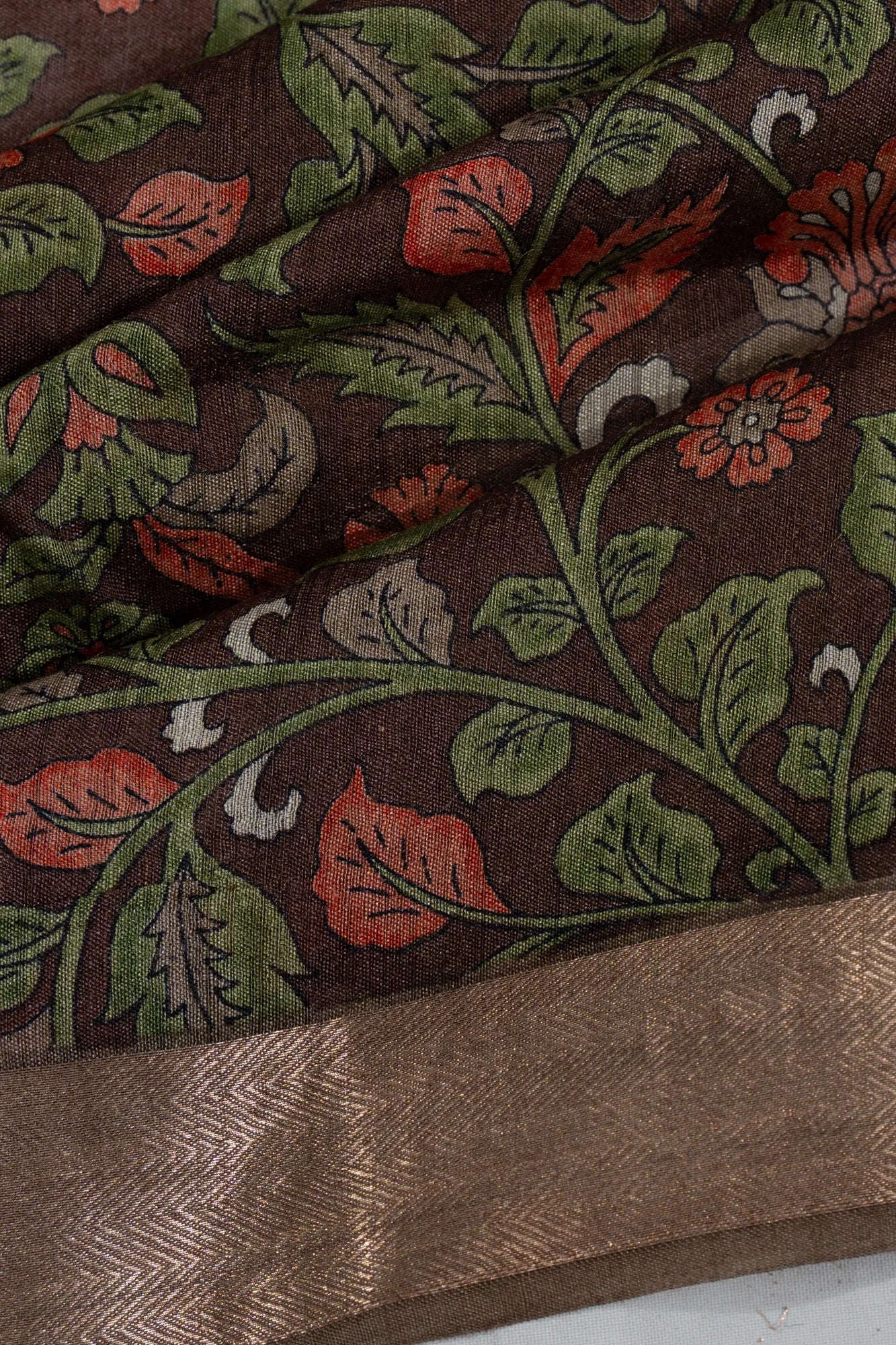 Tussar Floral Printed Brown Saree
