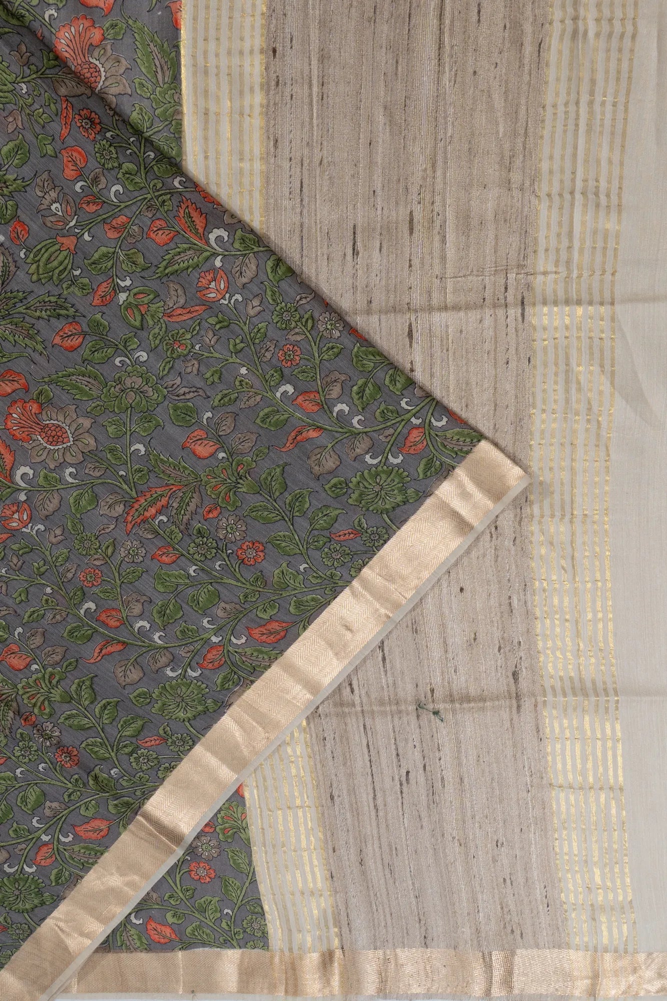 Tussar Floral Printed Grey Saree