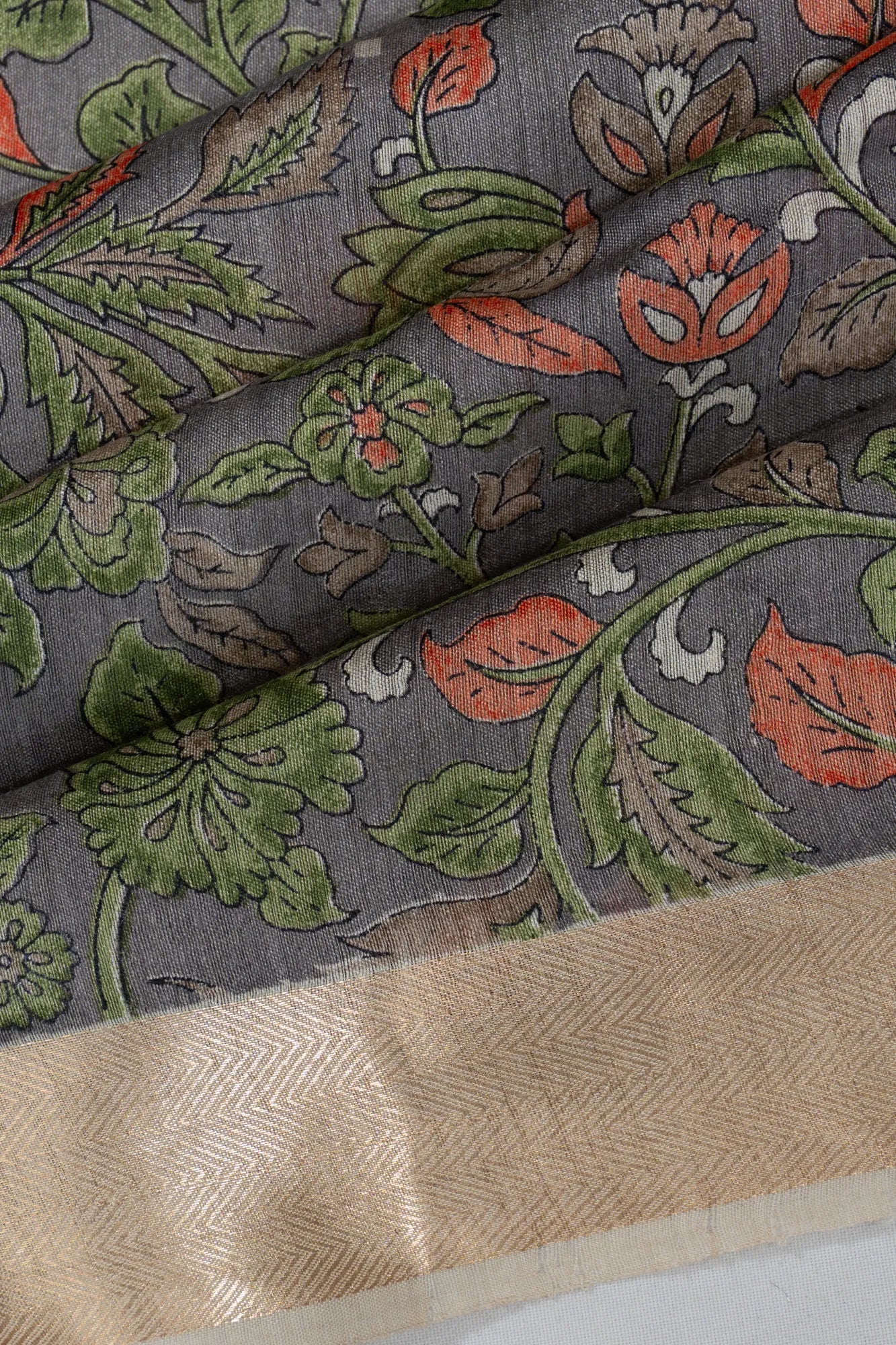 Tussar Floral Printed Grey Saree