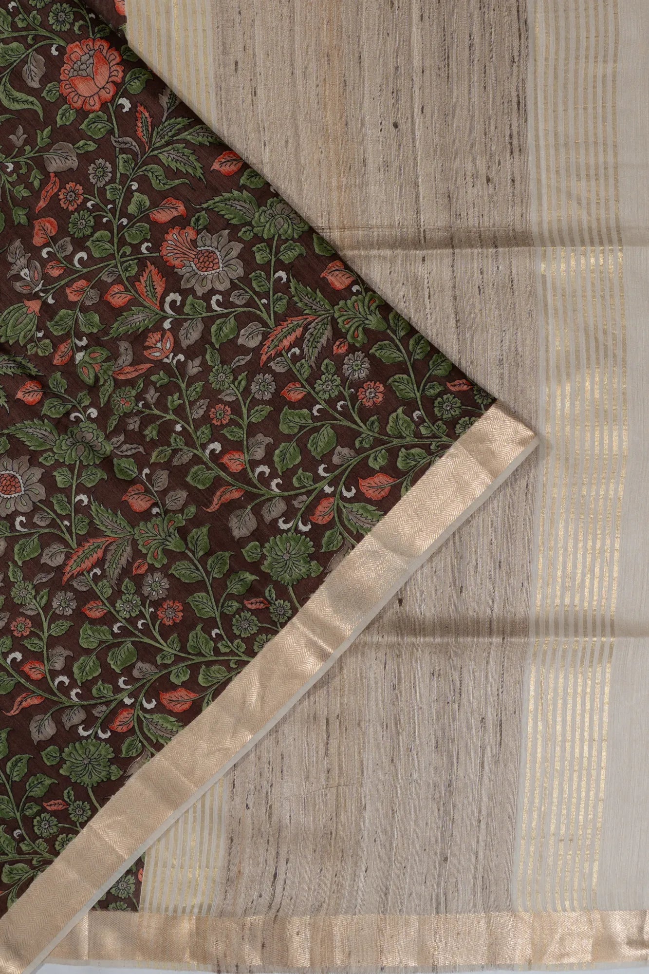 Tussar Floral Printed Brown Saree