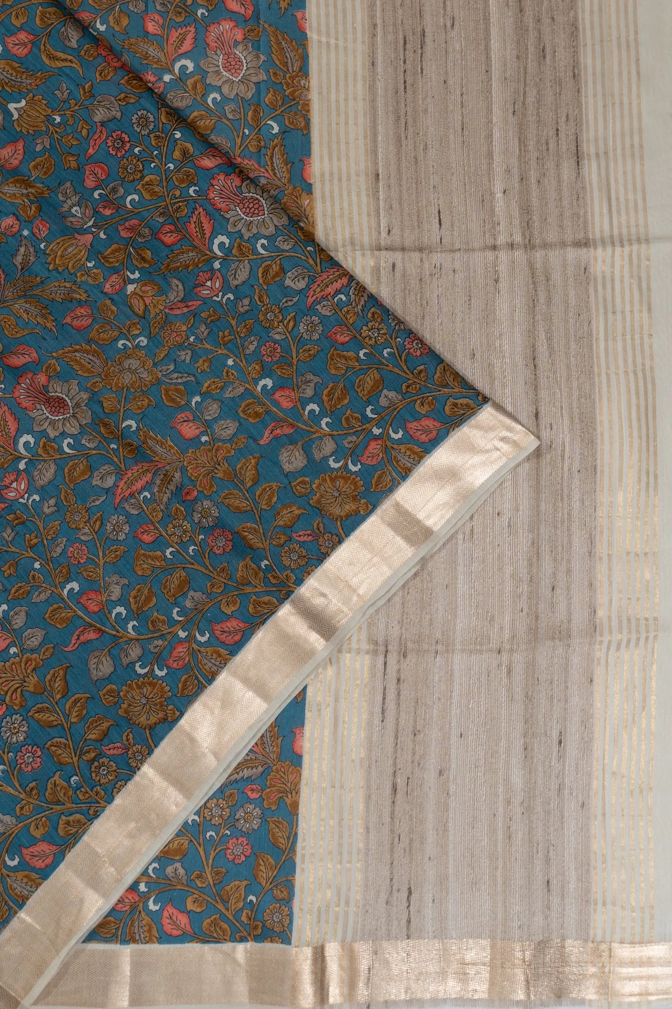 Tussar Floral Printed Blue Saree