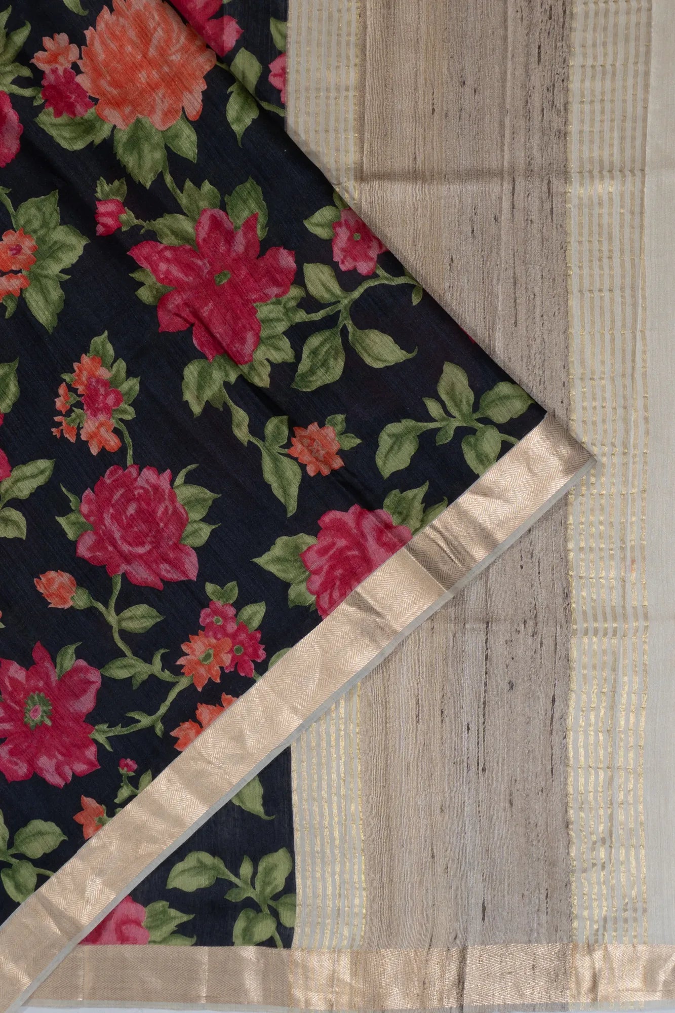 Tussar Floral Printed Black Saree