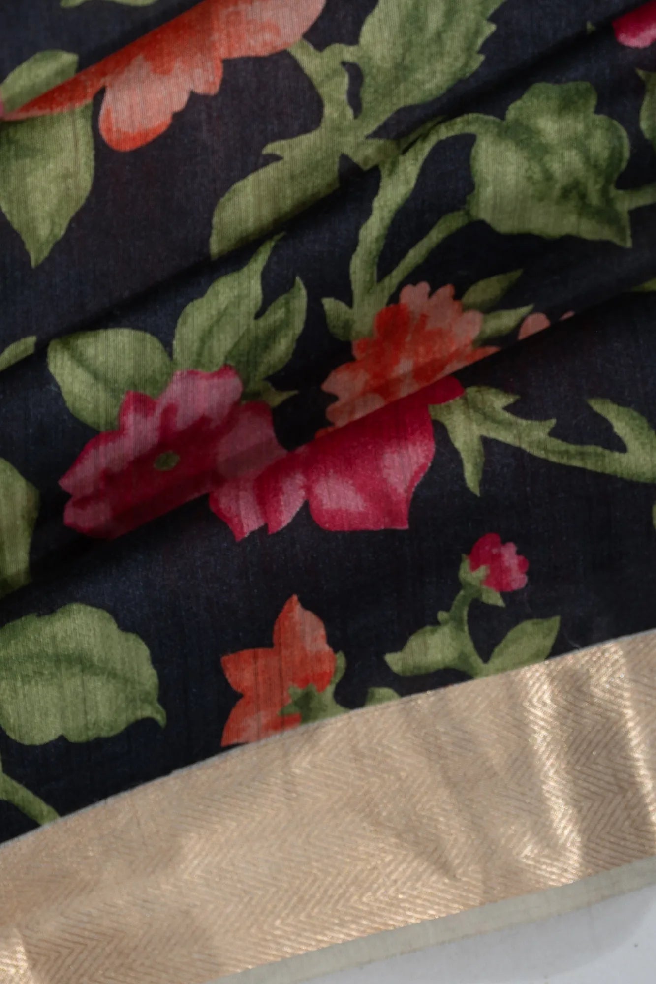 Tussar Floral Printed Black Saree