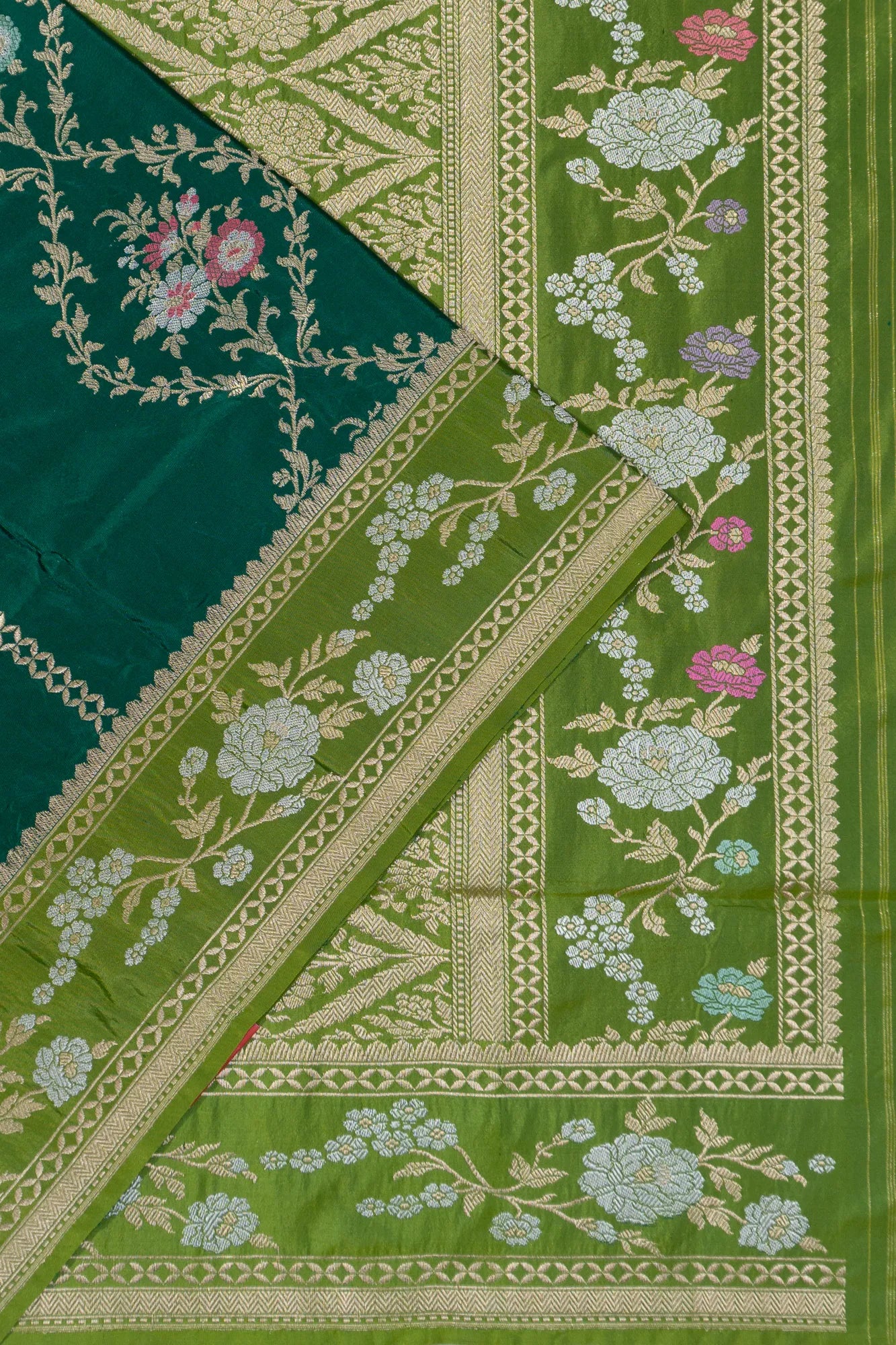 Banarasi Silk Jaal Dark Green Saree