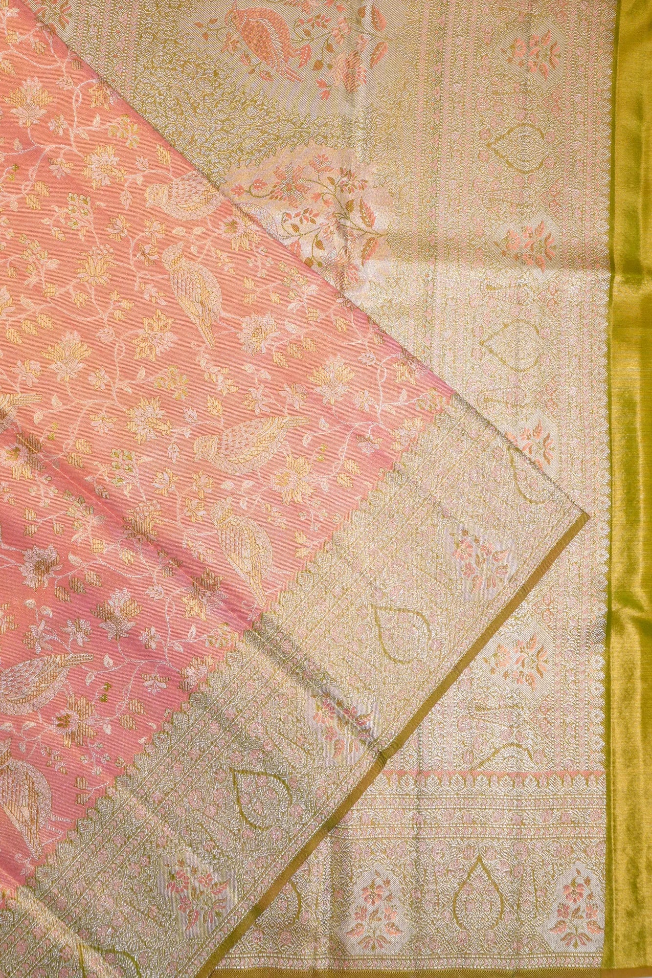 Kanchipuram Silk Tissue Floral Jaal Peach Saree