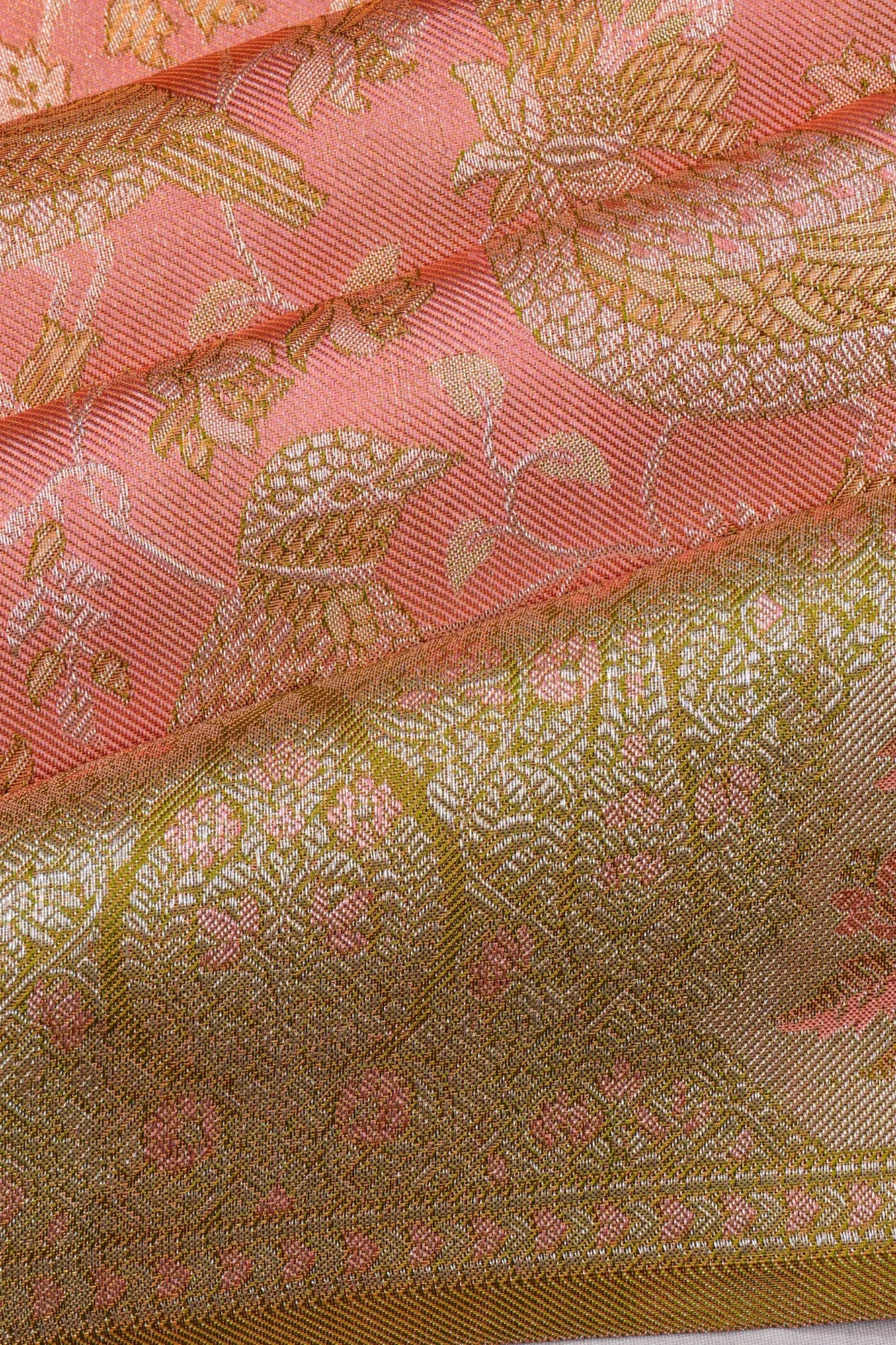 Kanchipuram Silk Tissue Floral Jaal Peach Saree