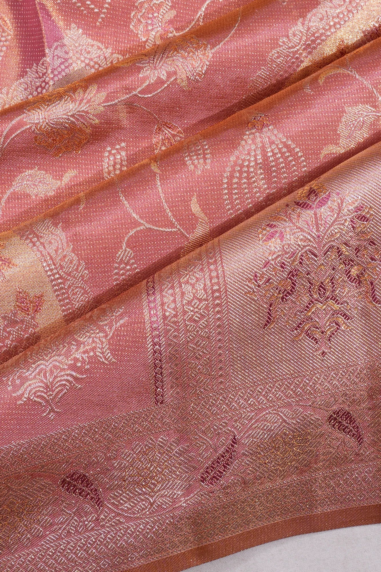Kanchipuram Silk Tissue Brocade Peach Saree