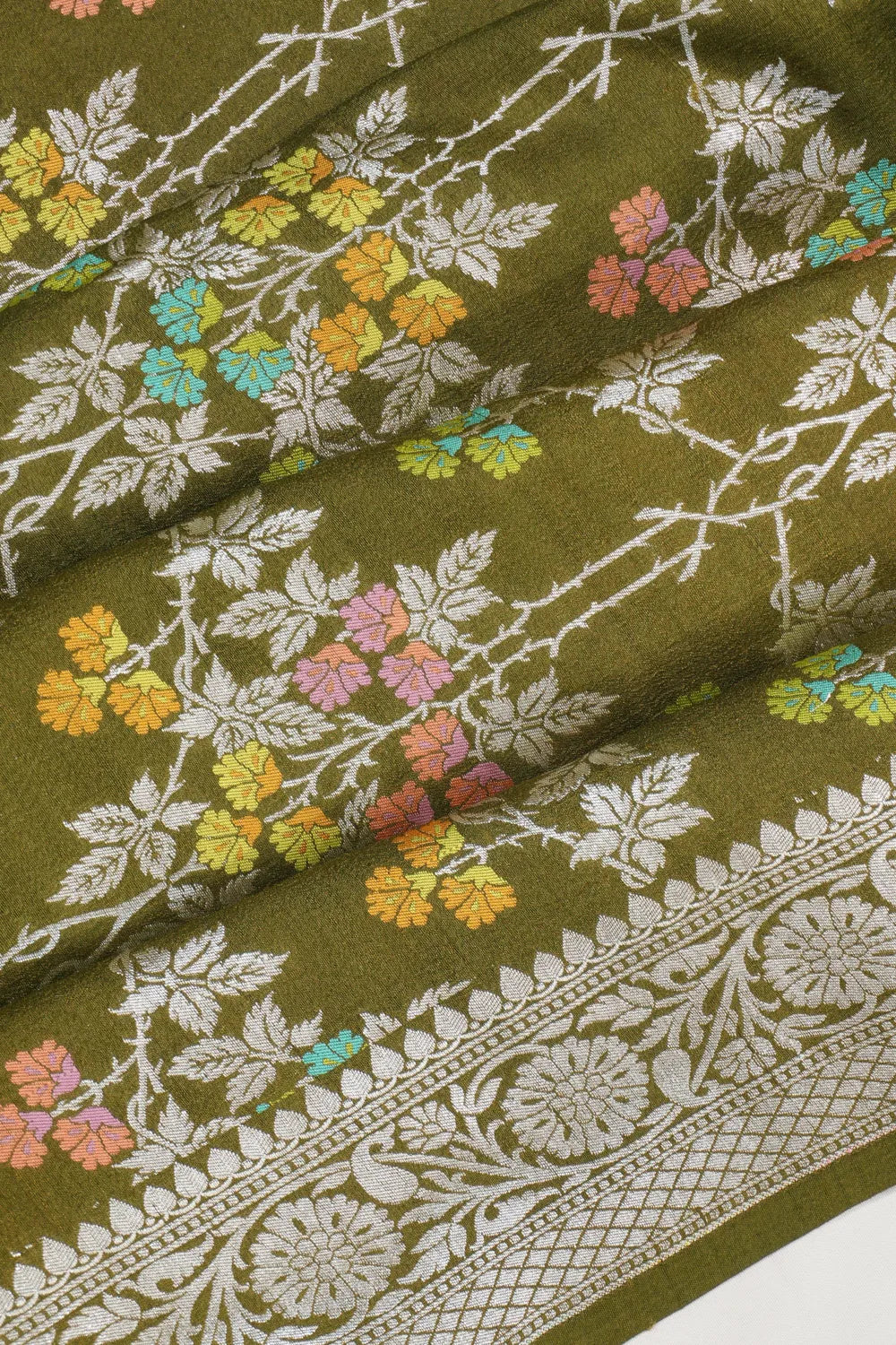 Banarasi Tussar Georgette Jaal Mehendi Green Saree