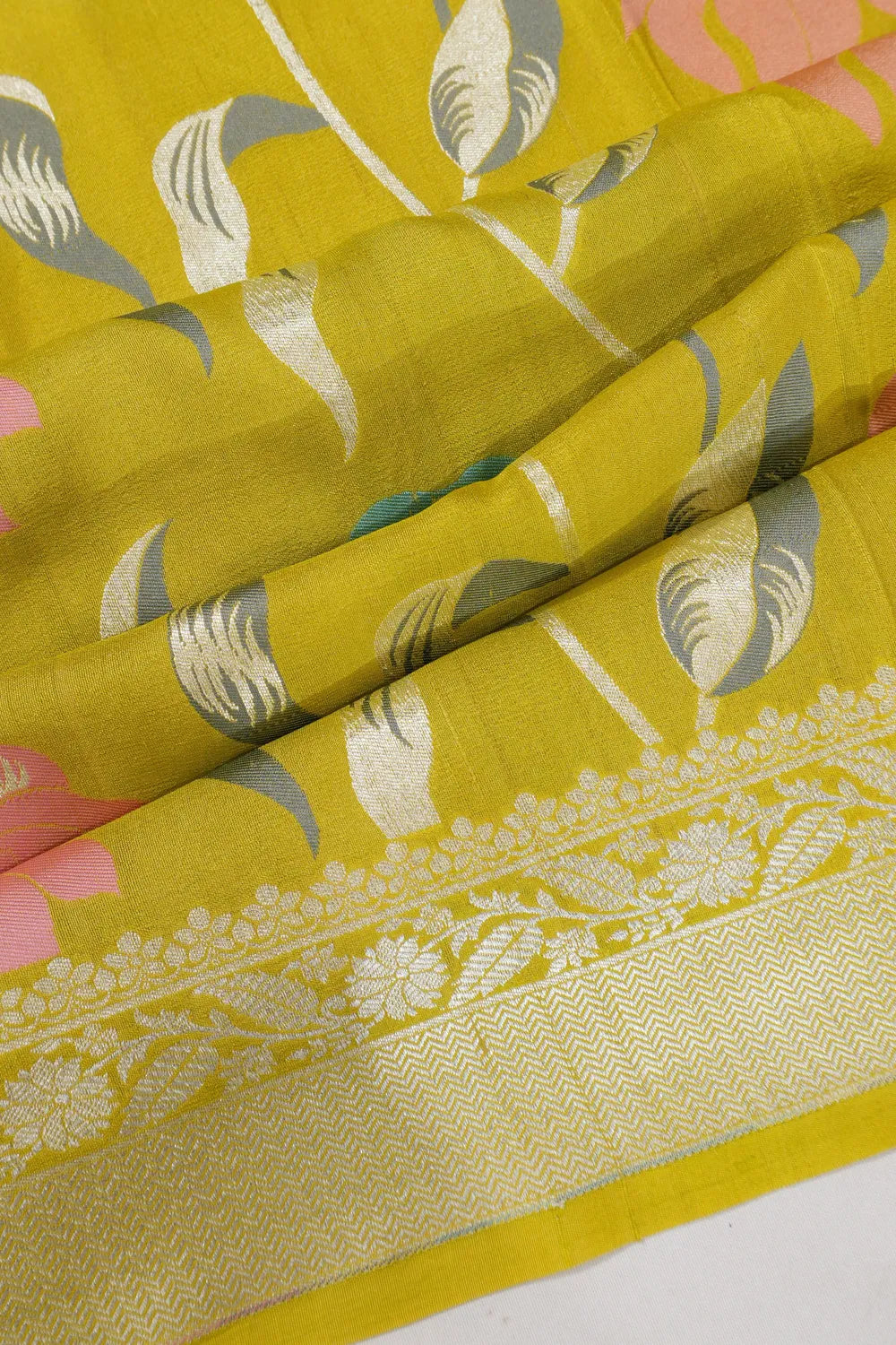 Banarasi Tussar Georgette Jaal Mehendi Green Saree