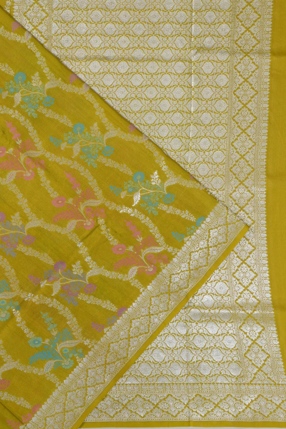 Banarasi Tussar Georgette Jaal Mehendi Green Saree