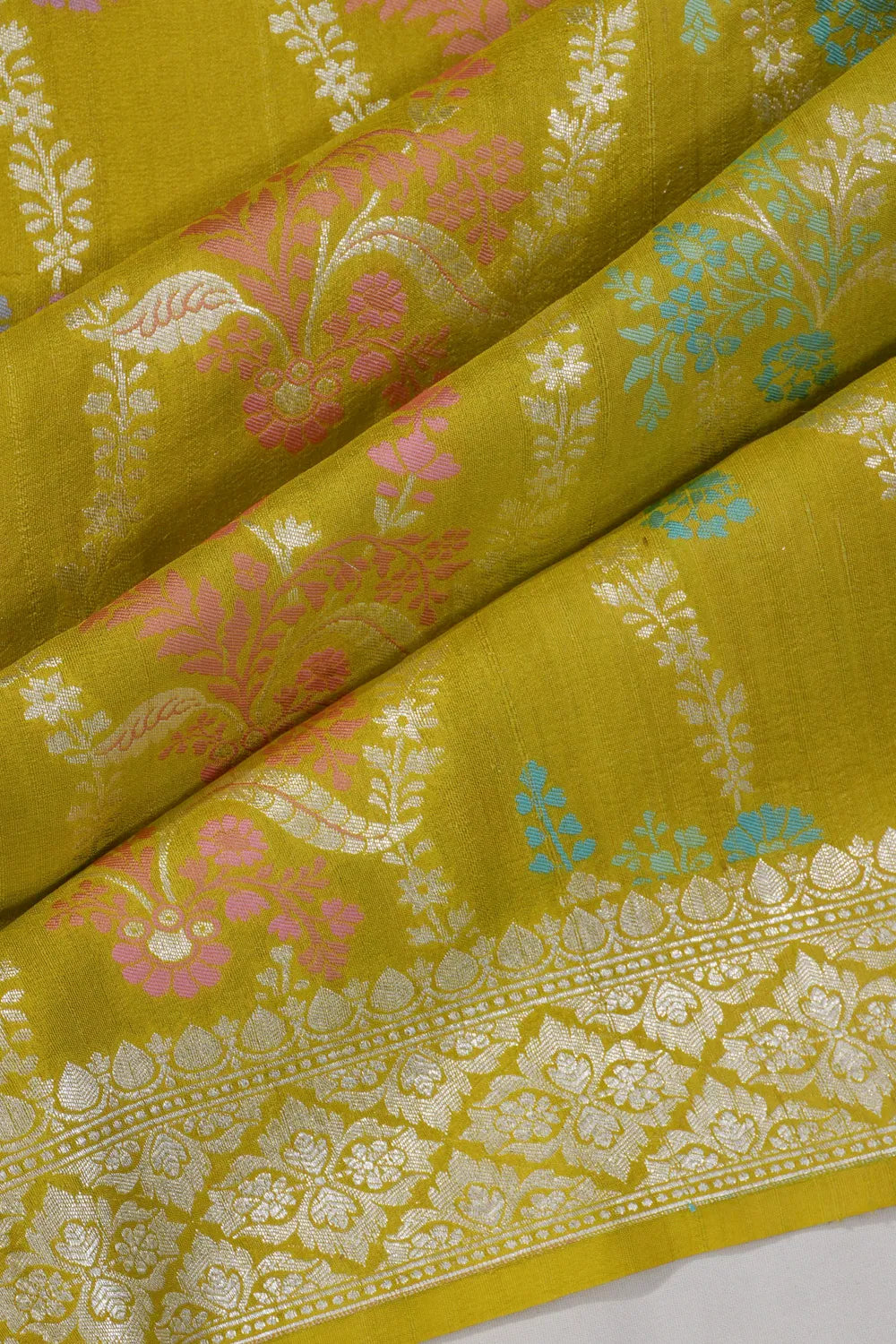 Banarasi Tussar Georgette Jaal Mehendi Green Saree