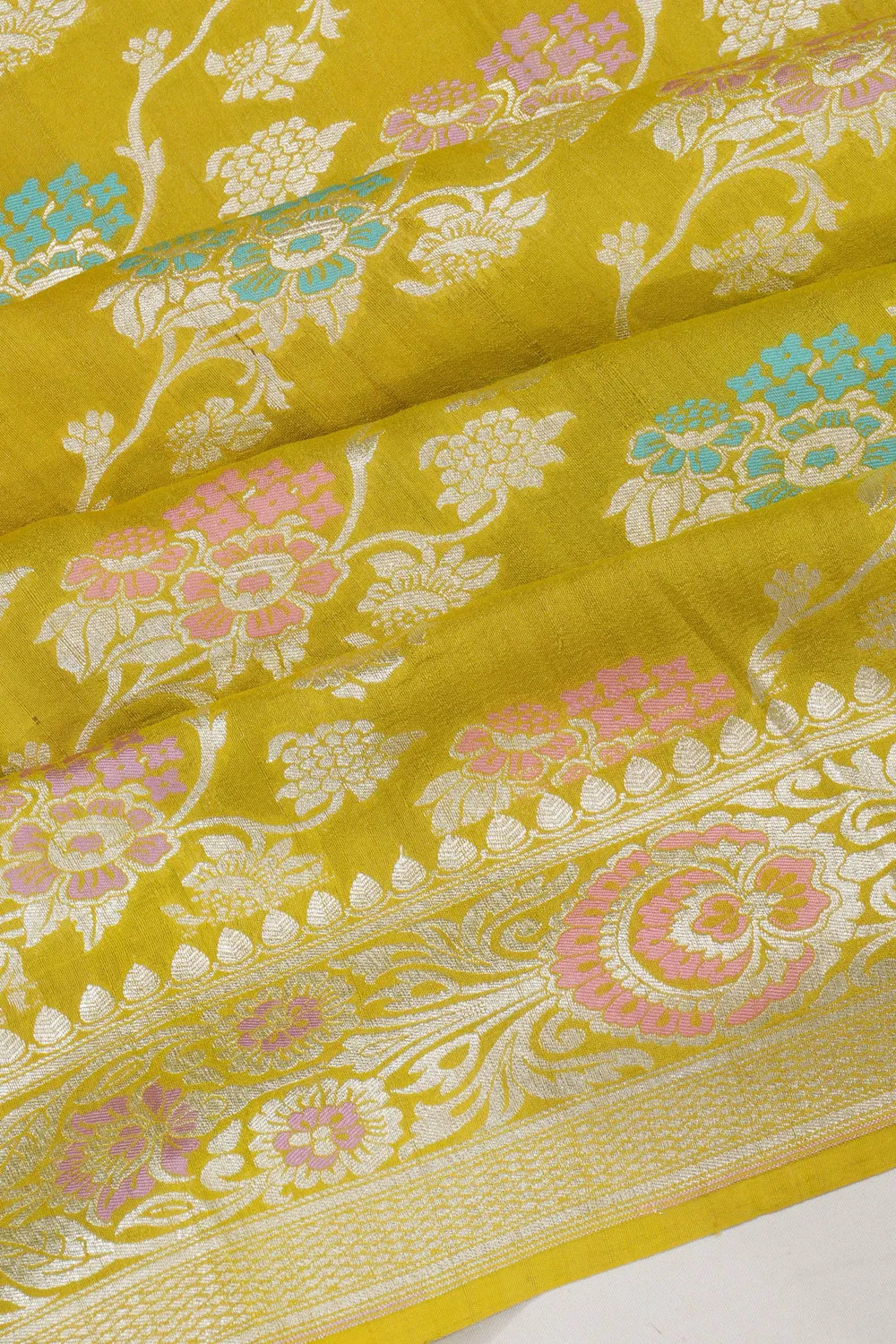 Banarasi Tussar Georgette Jaal Mehendi Green Saree