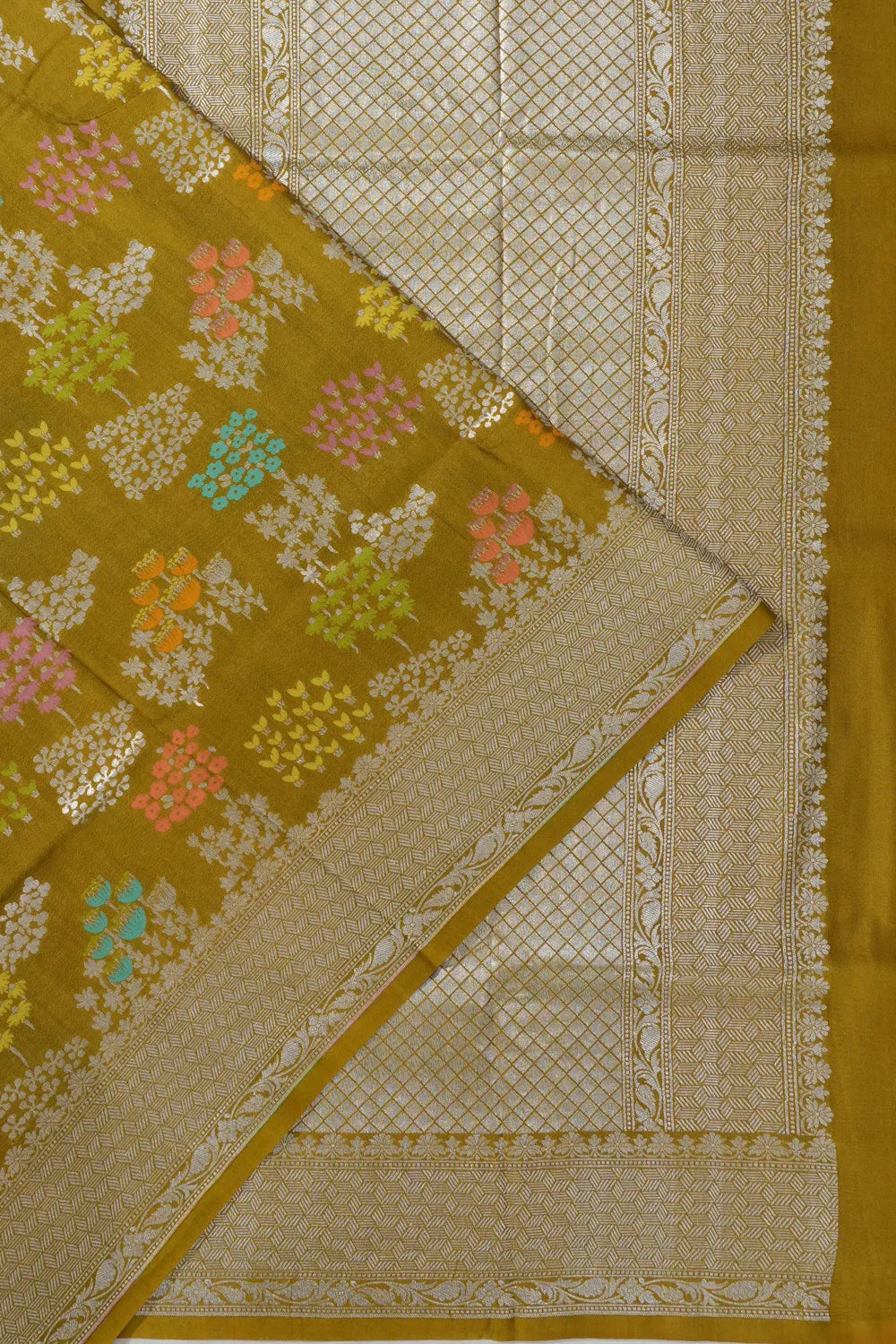 Banarasi Tussar Georgette Jaal Mehendi Green Saree