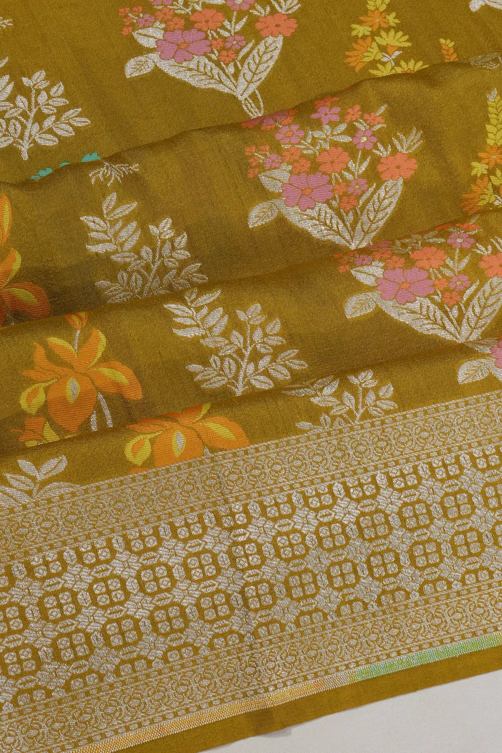 Banarasi Tussar Georgette Jaal Mehendi Green Saree