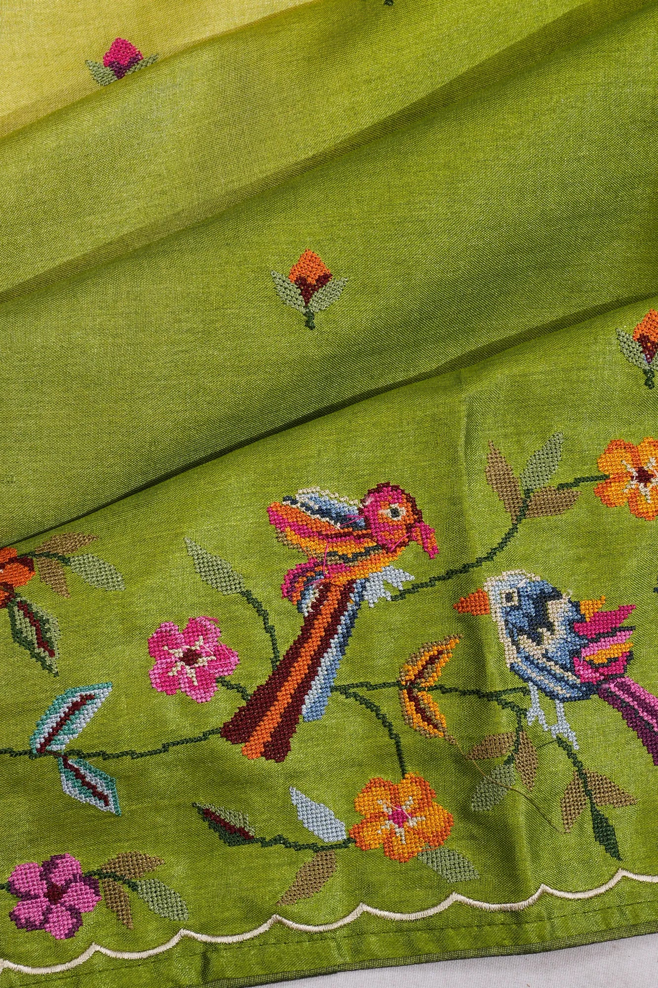 Soft Silk Floral Embroidery Green Saree