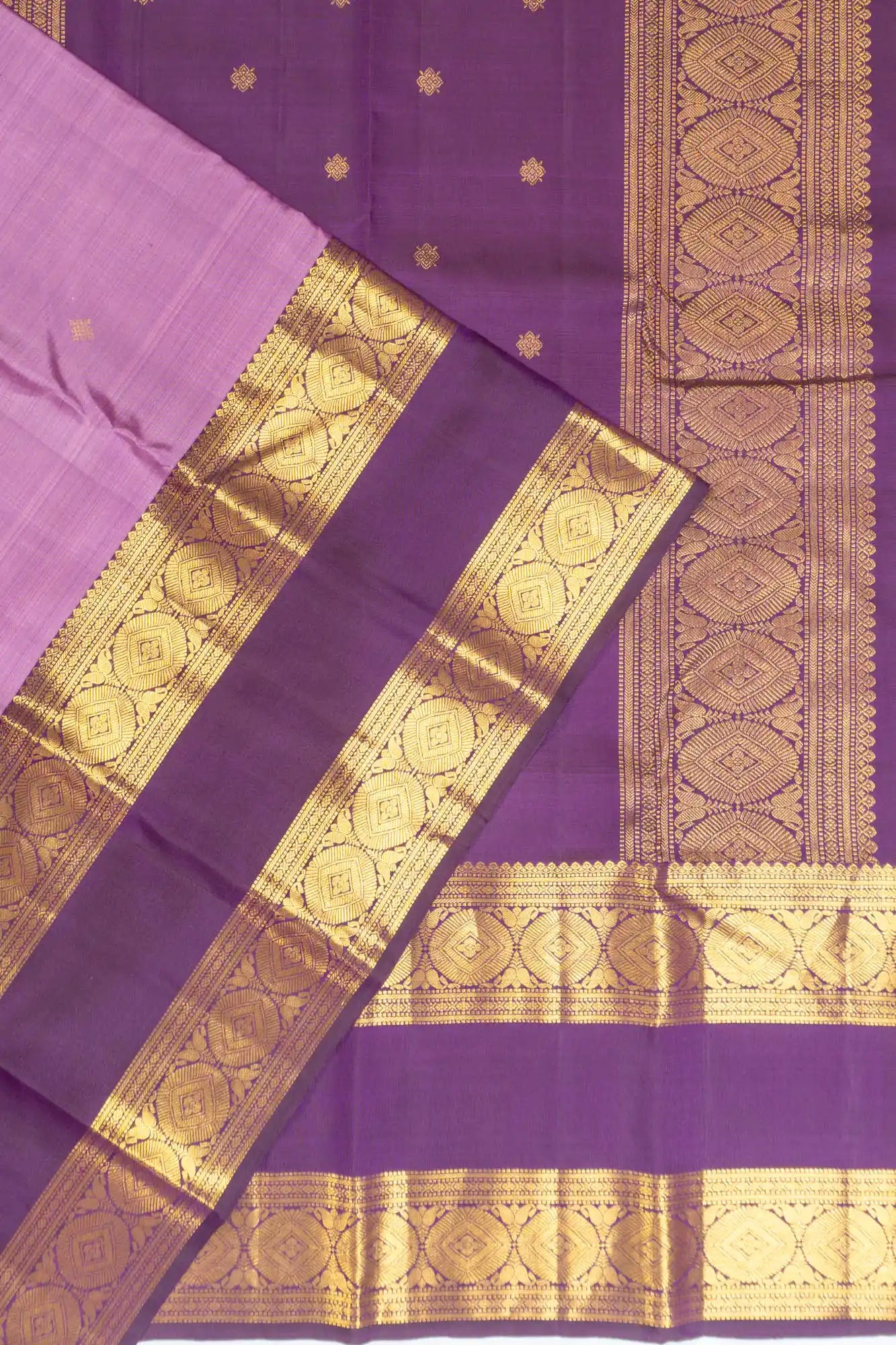 Kanchipuram Silk Butta Lavender Saree With Rettai Pettu Border