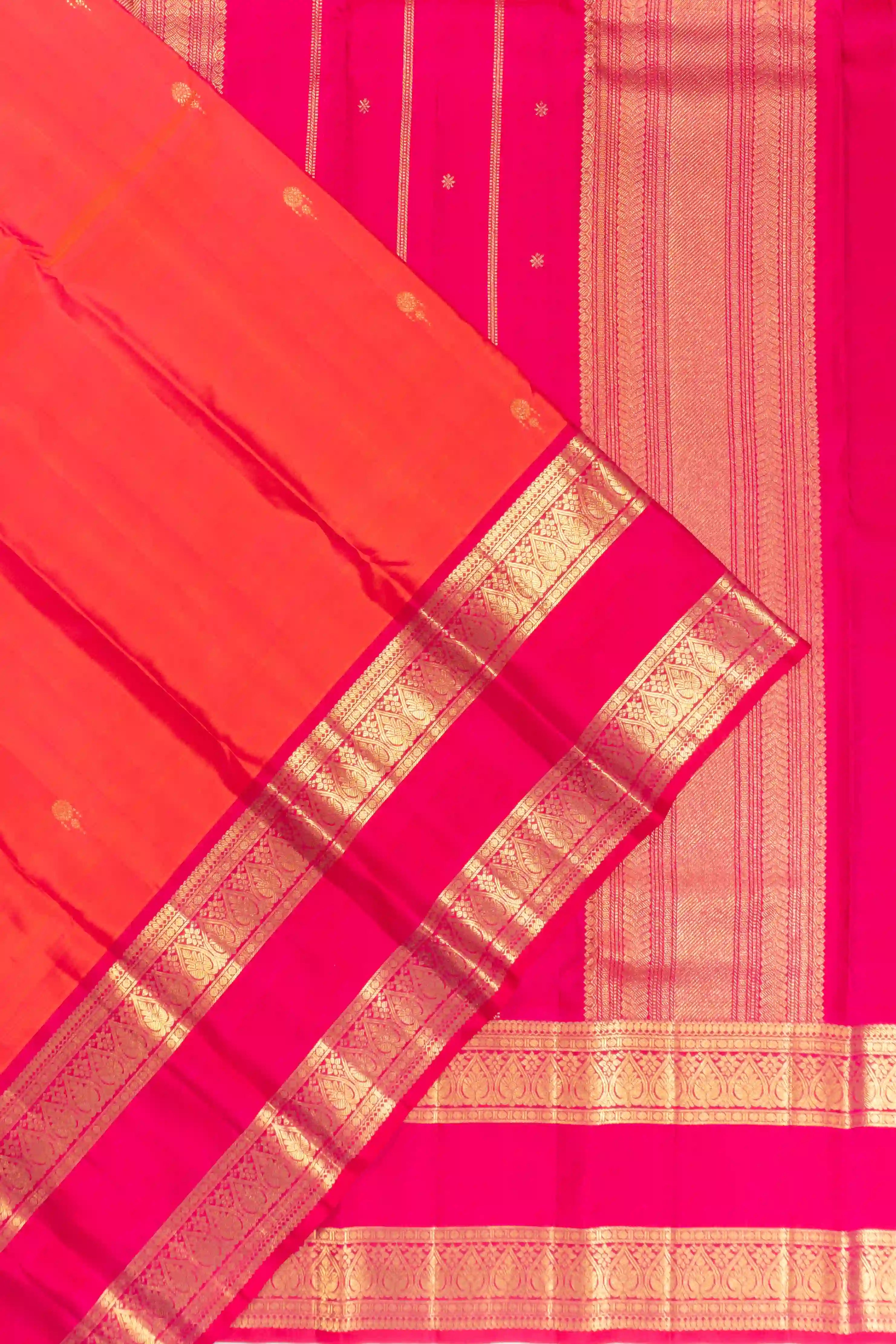 Kanchipuram Silk Butta Orange Saree With Rettai Pettu Border