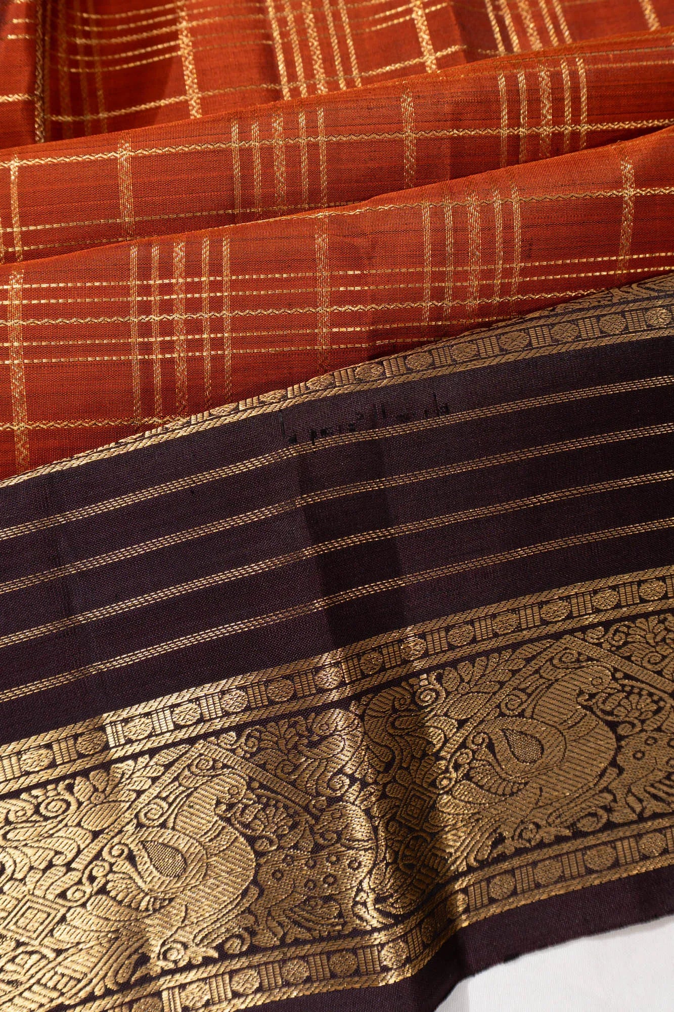 Kanchipuram Silk Checks Burnt Orange Saree
