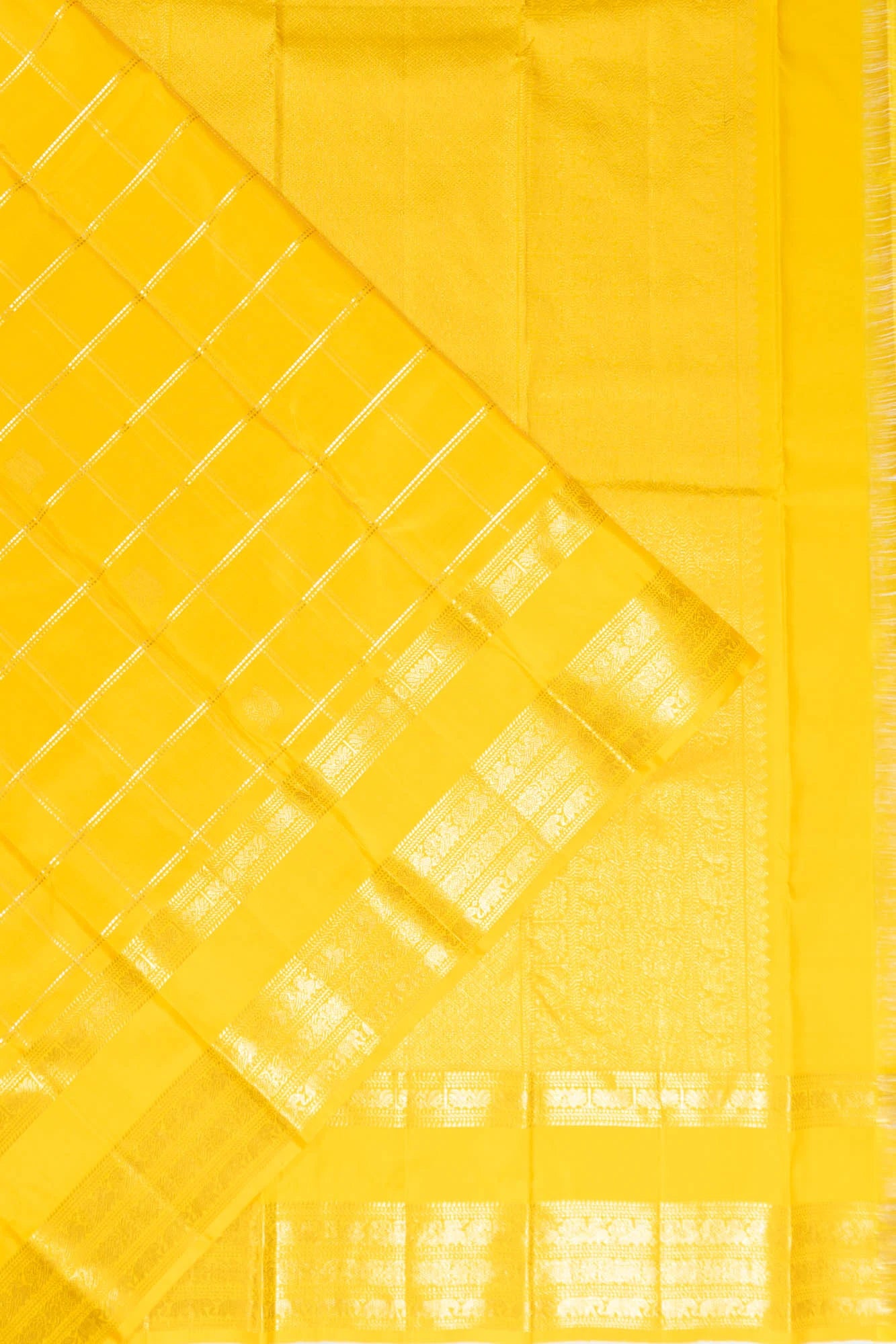 Kanchipuram Silk Checks And Butta Lemon Yellow Saree