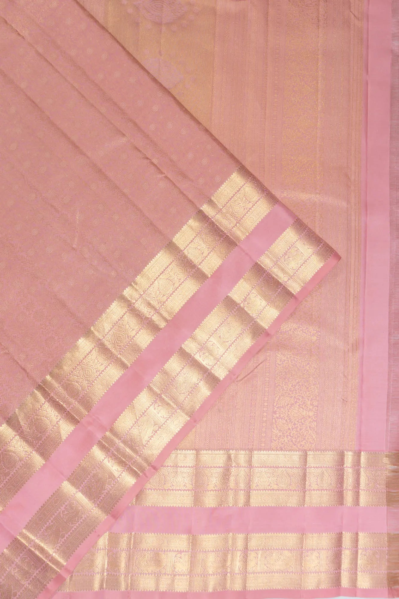 Kanchipuram Silk Brocade Baby Pink Saree With Rettai Pattu Border