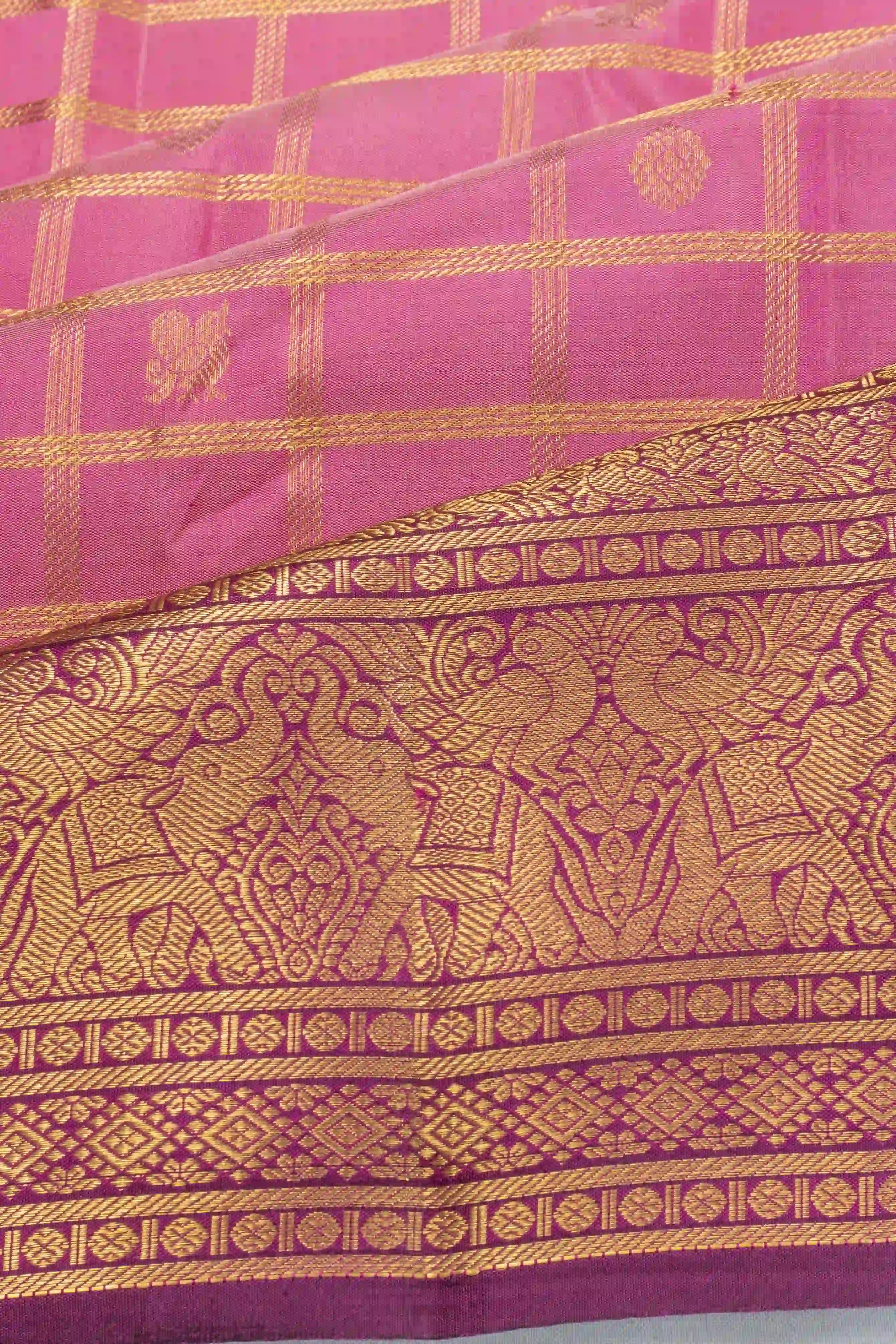 Kanchipuram Silk Checks And Butta Baby Pink Saree