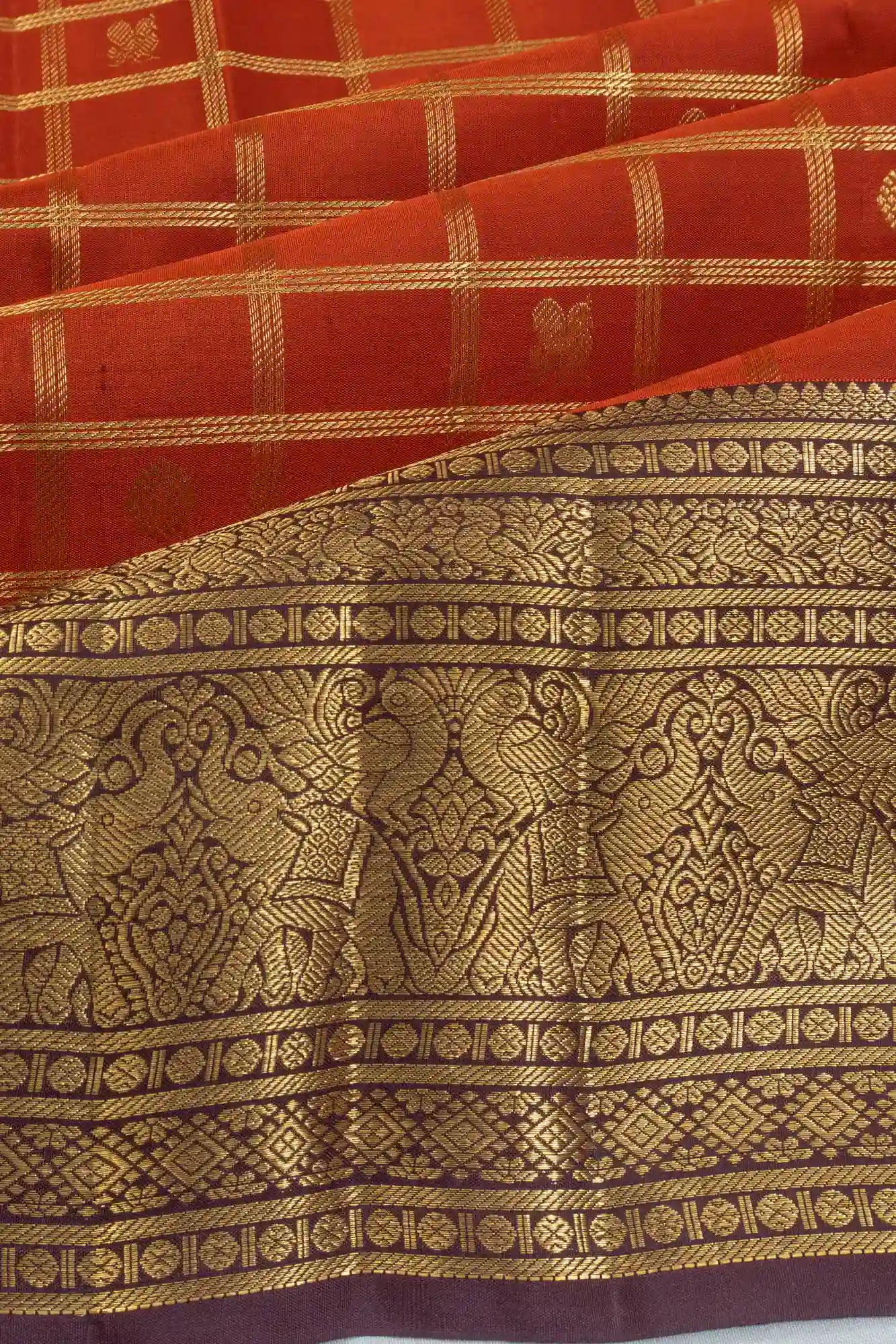Kanchipuram Silk Checks And Butta Rust Orange Saree