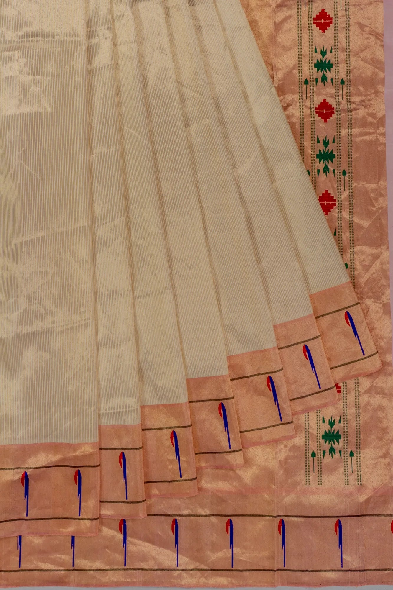 Paithani Silk Tissue Lines Cream Saree