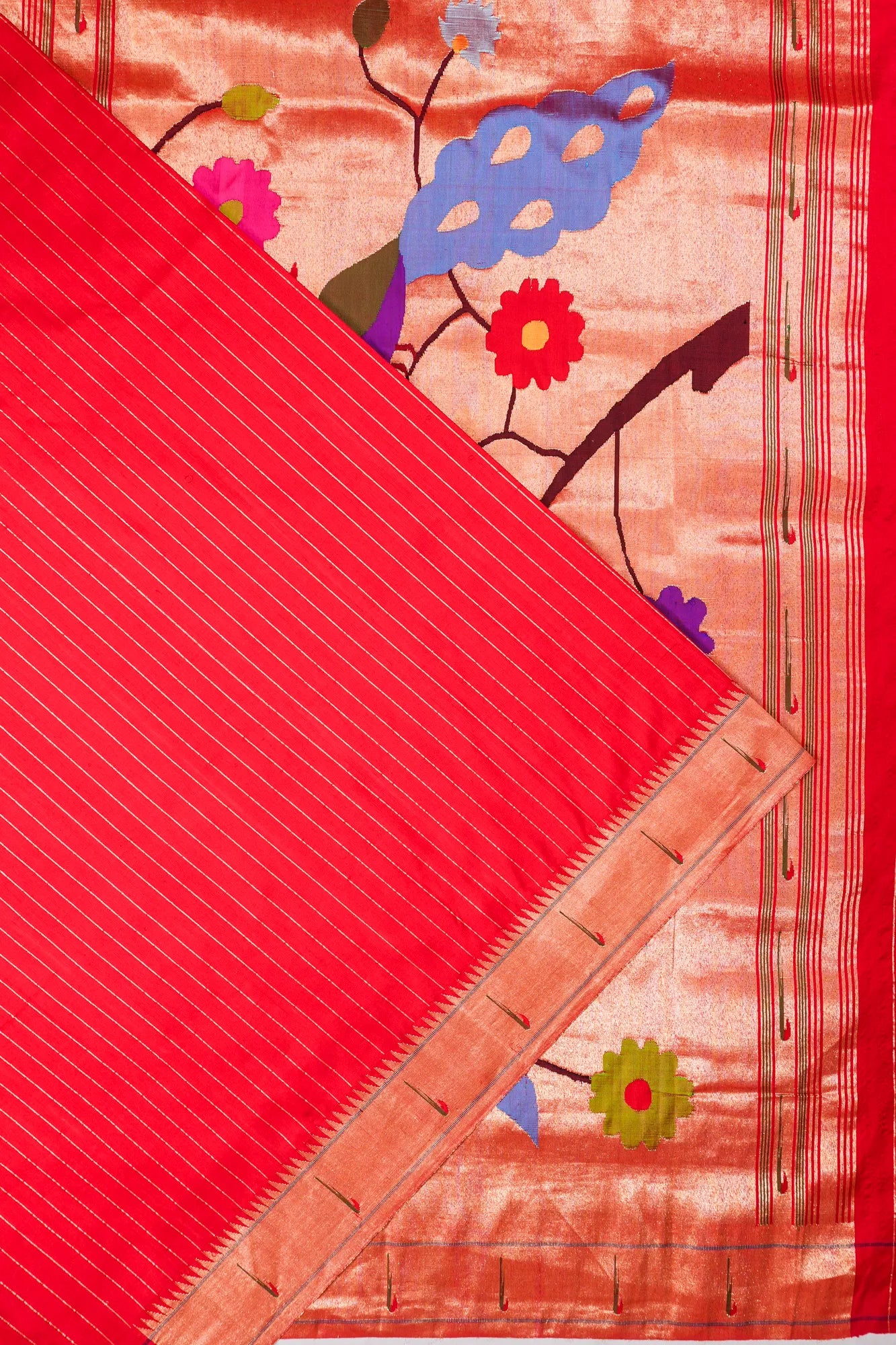 Paithani Silk Vertical Lines Red Saree With Single Muniya Border