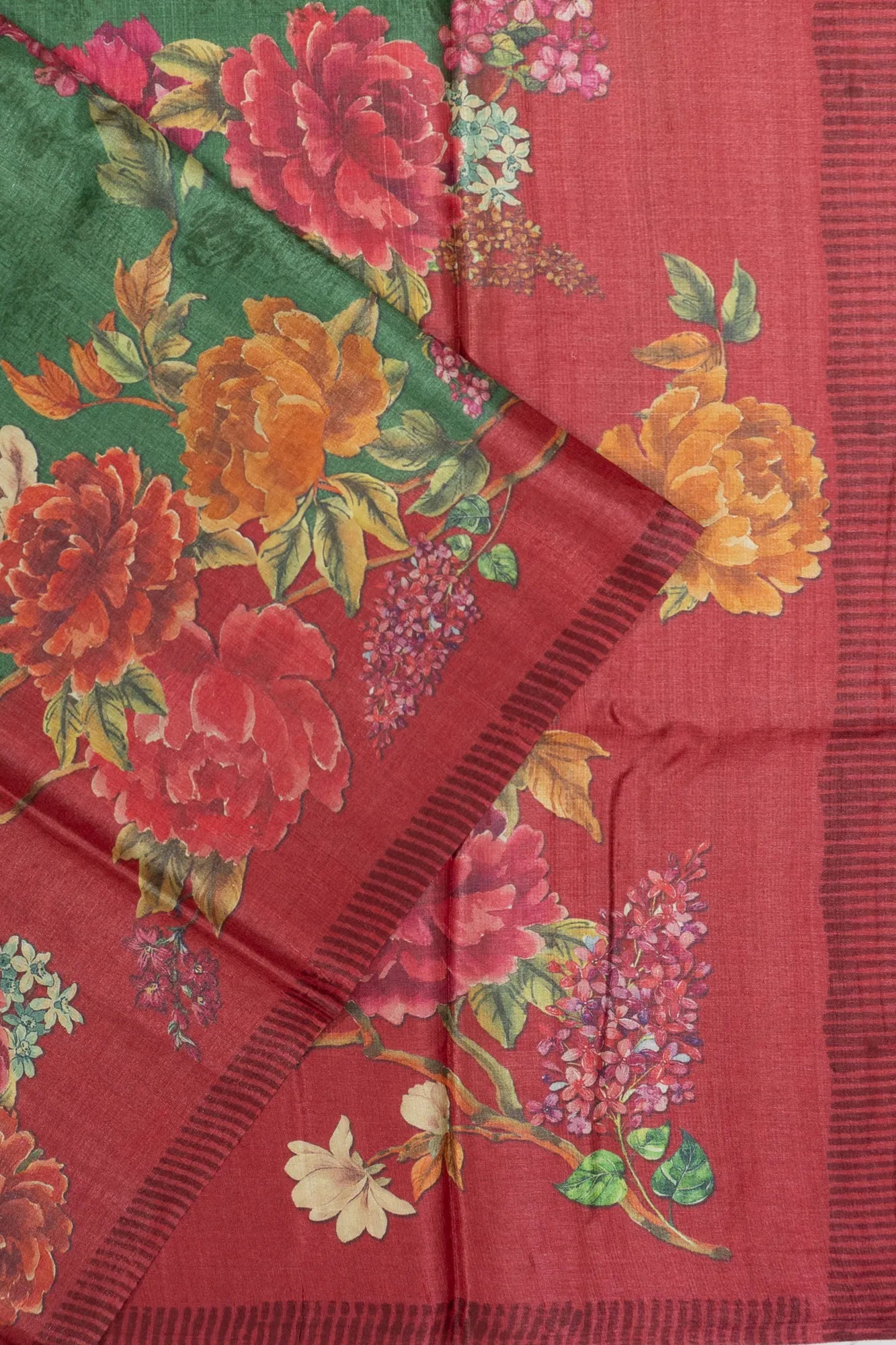 Tussar Floral Printed Green Saree