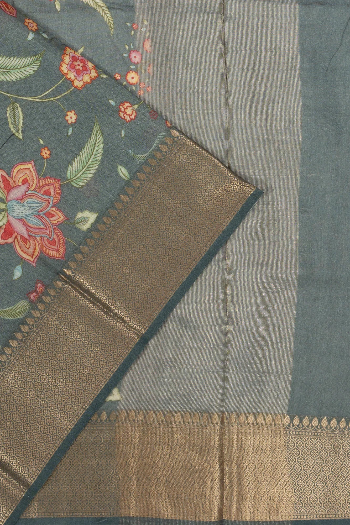 Tussar Floral Printed Grey Saree