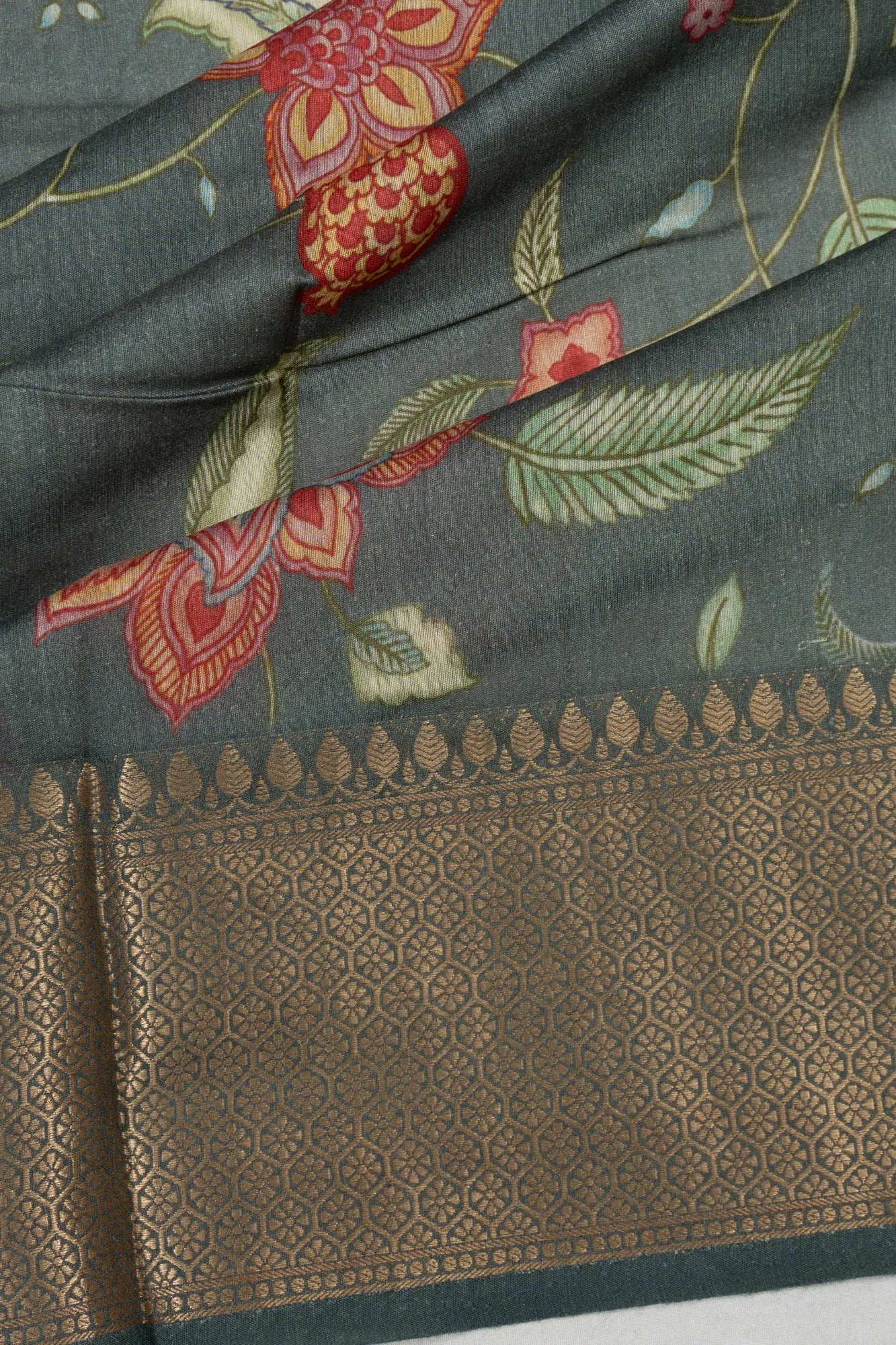 Tussar Floral Printed Grey Saree