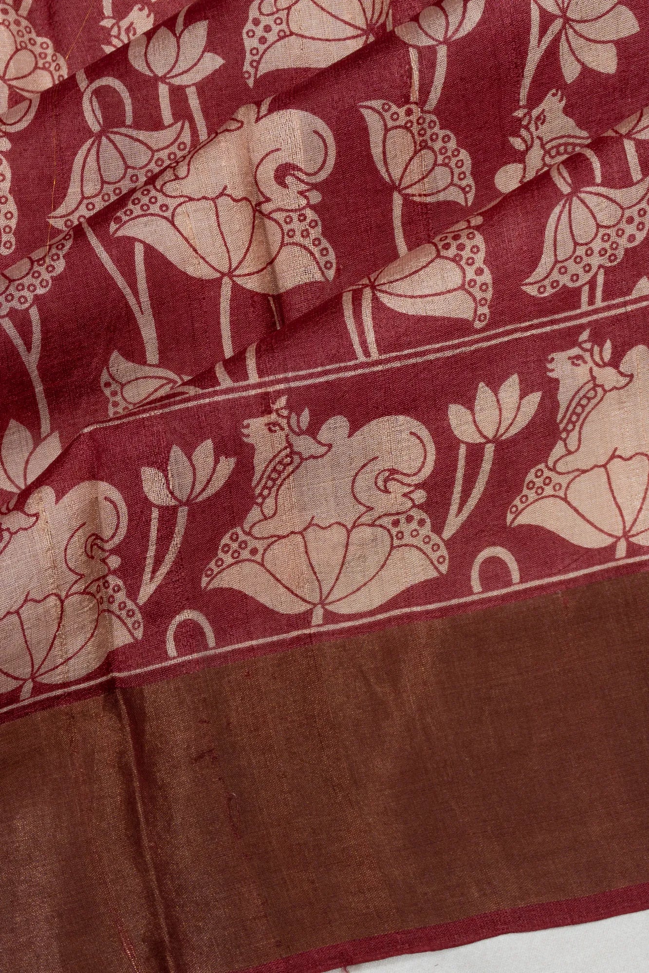 Tussar Floral Printed Red Saree