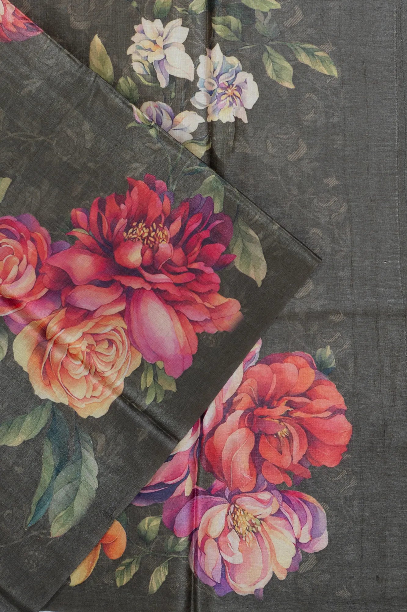 Tussar Floral Printed Grey Saree