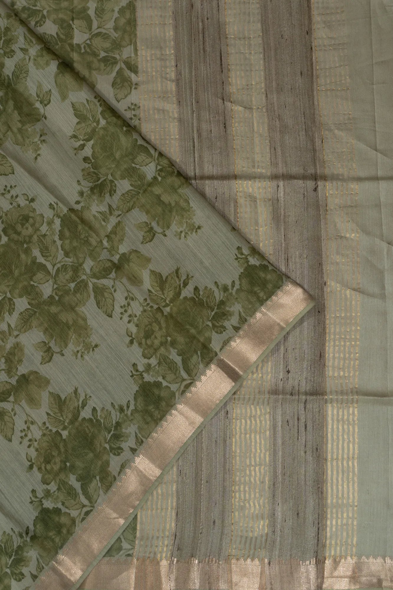 Tussar Floral Printed Olive Green Saree