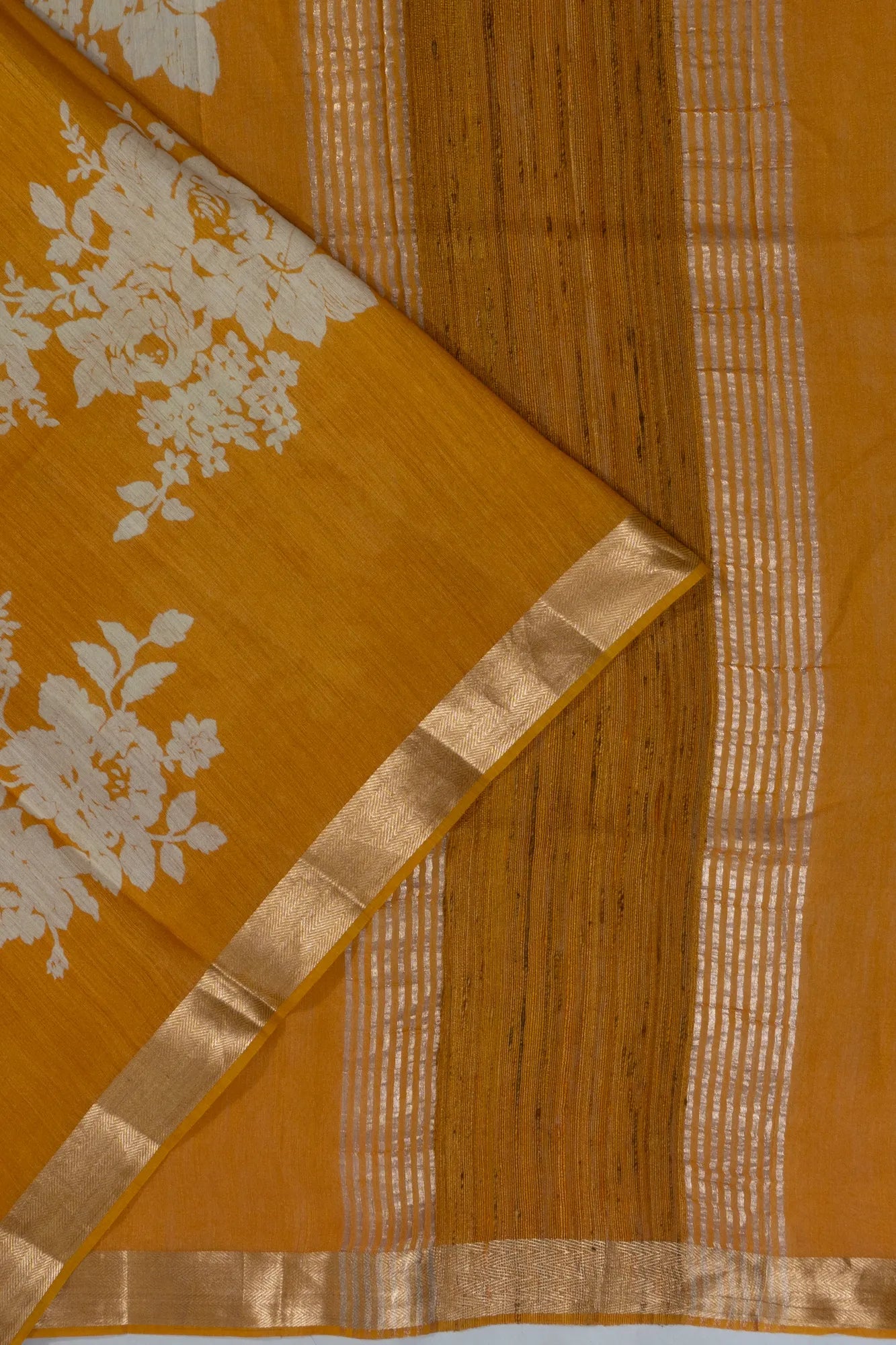 Tussar Floral Printed Mustard Yellow Saree