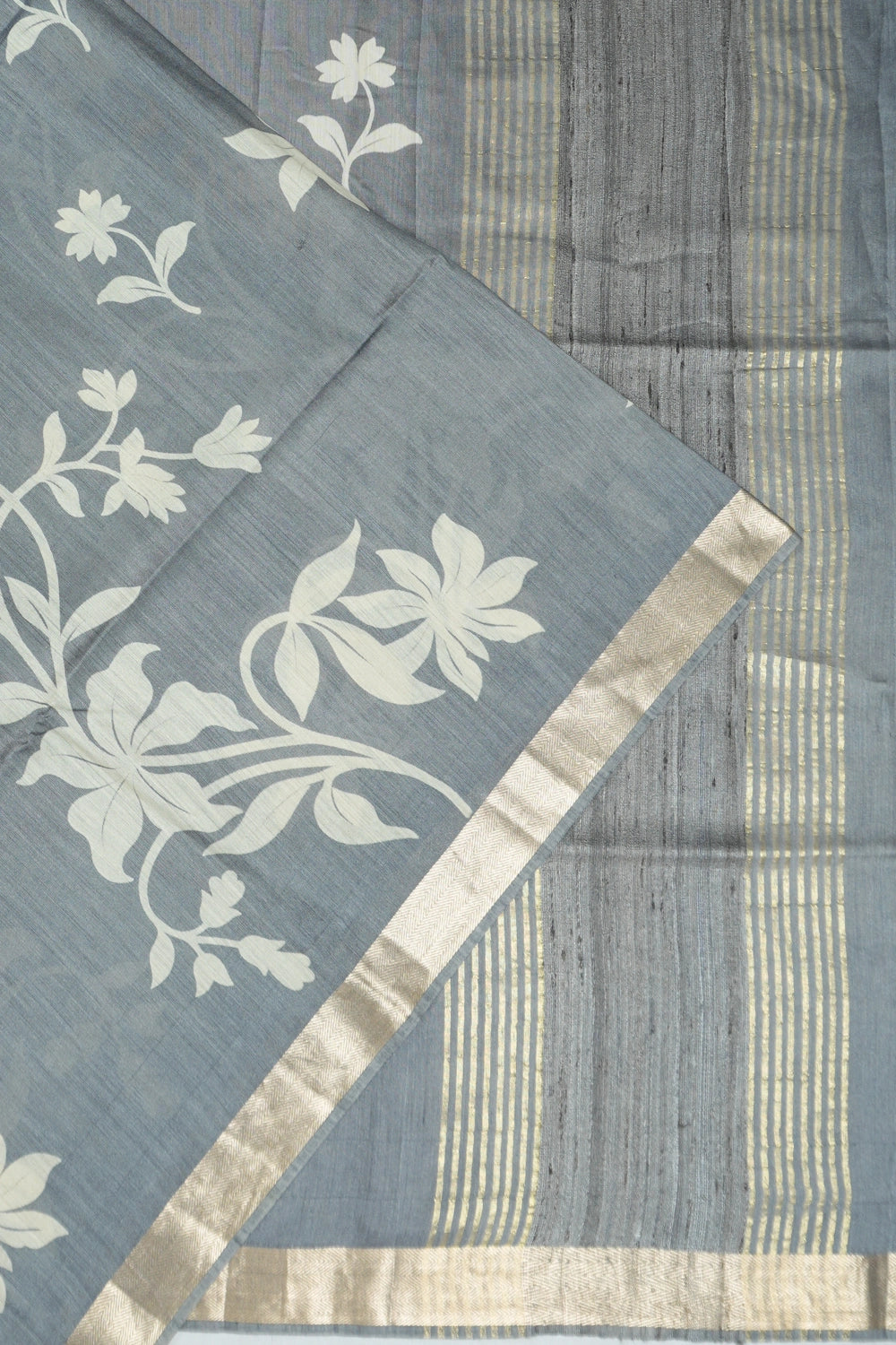 Tussar Printed Grey Saree