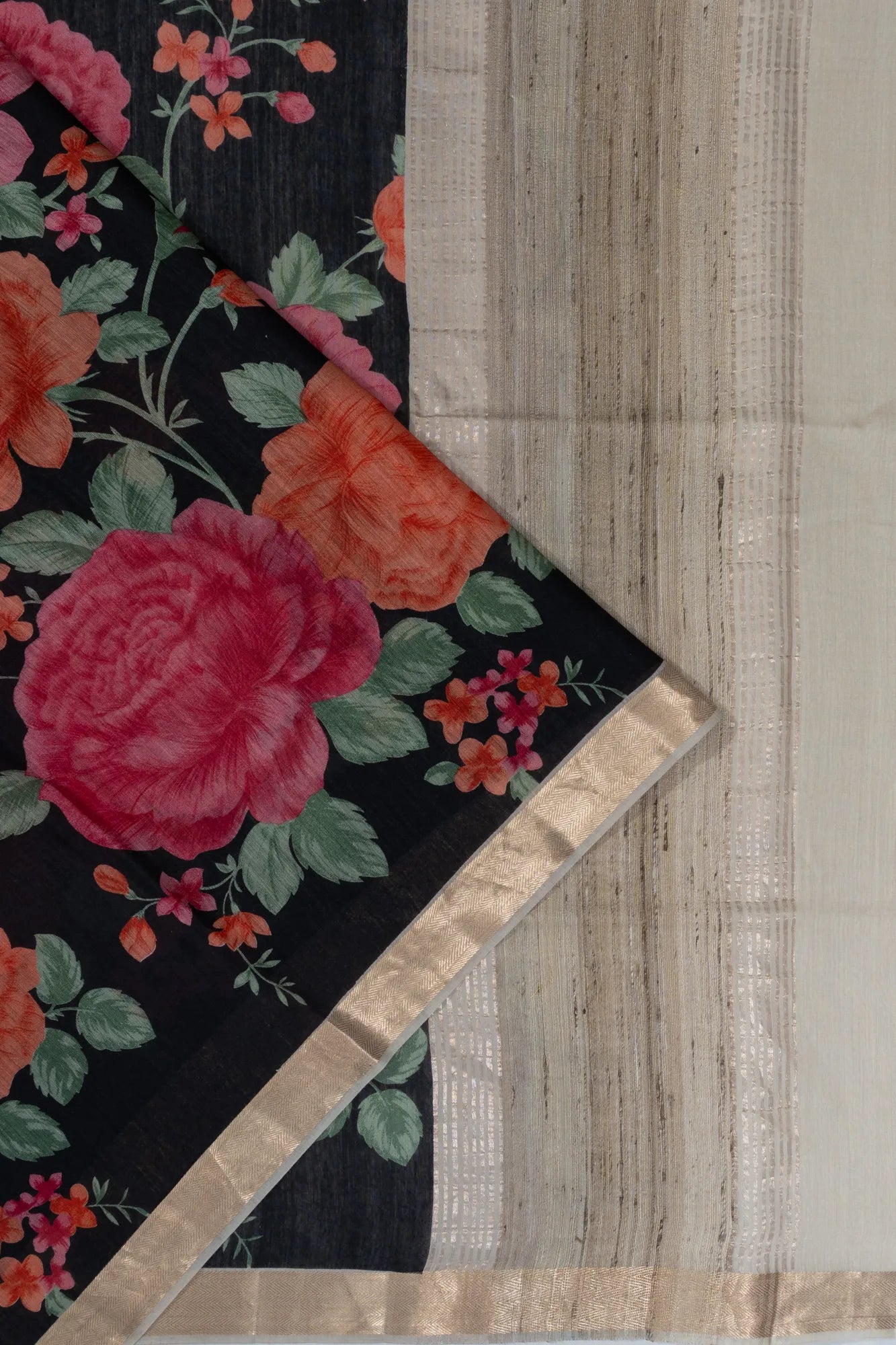 Tussar Floral Printed Black Saree