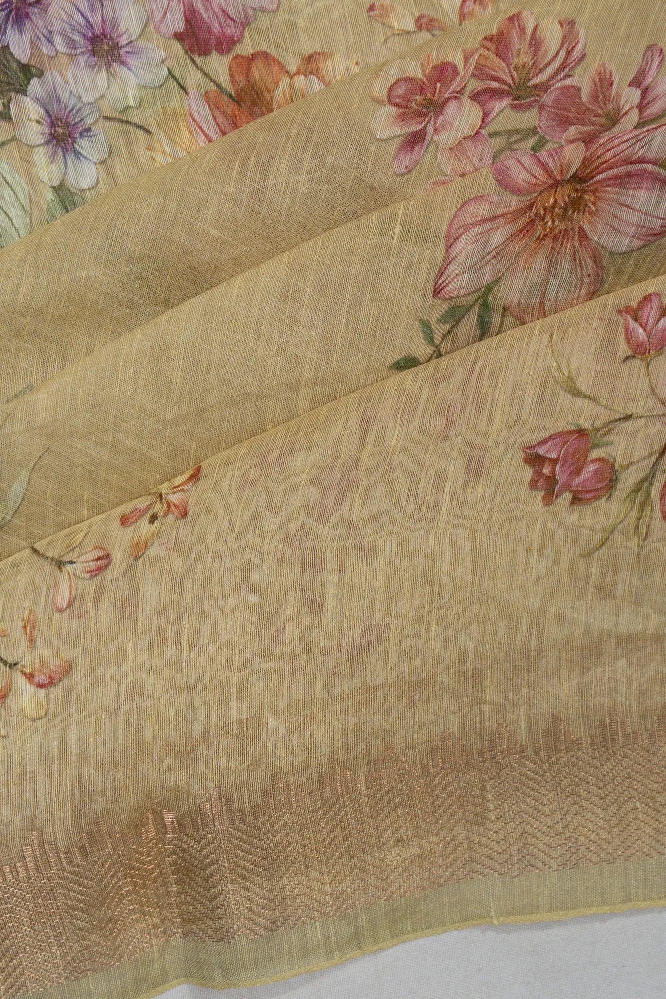 Linen Floral Printed Cream Saree