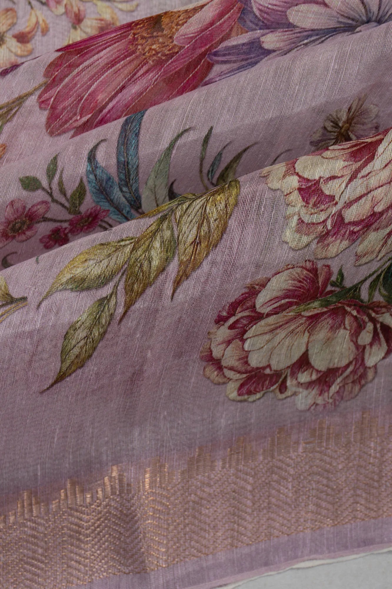 Linen Floral Printed Pink Saree