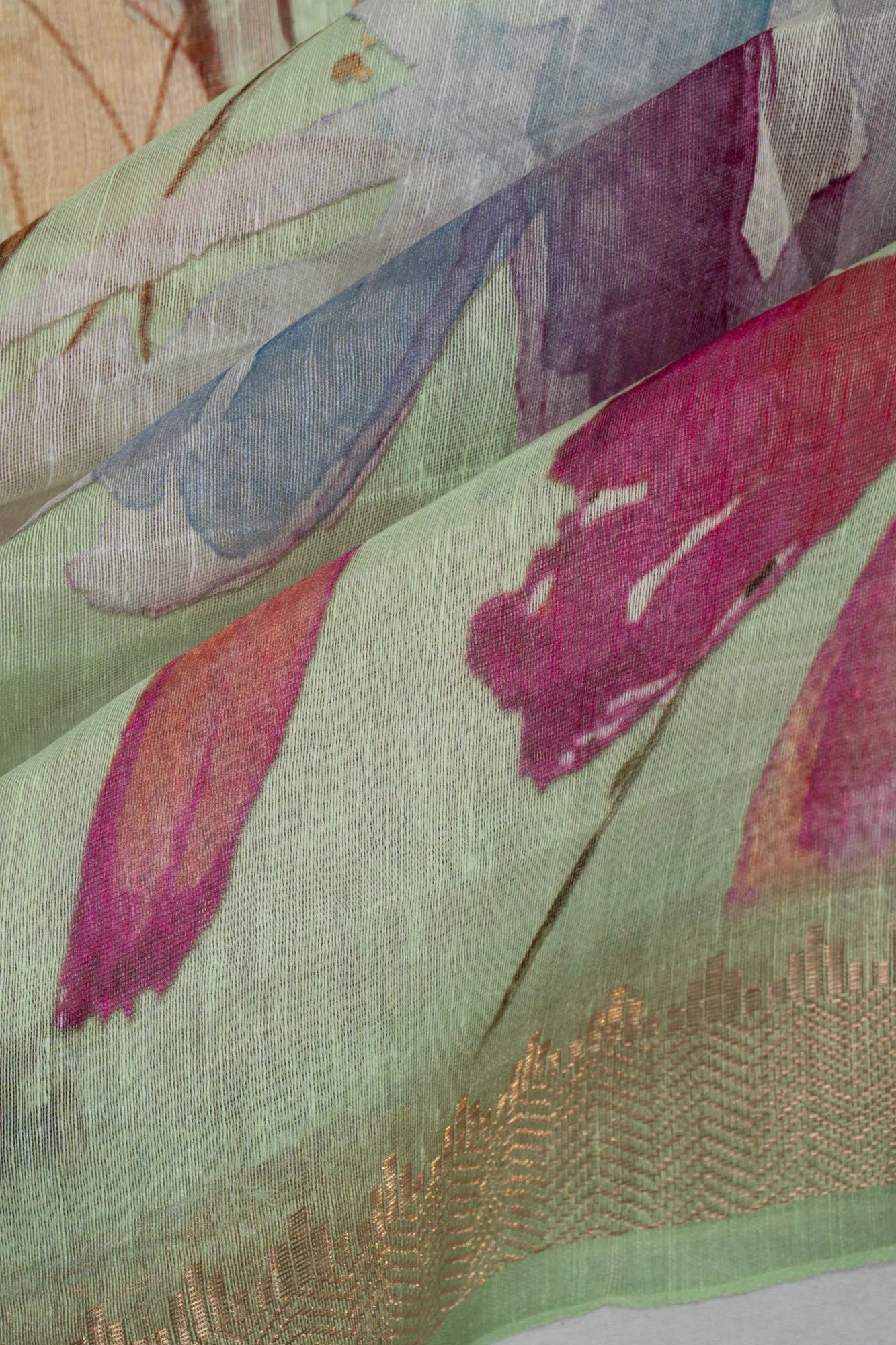 Linen Floral Printed Pista Green Saree