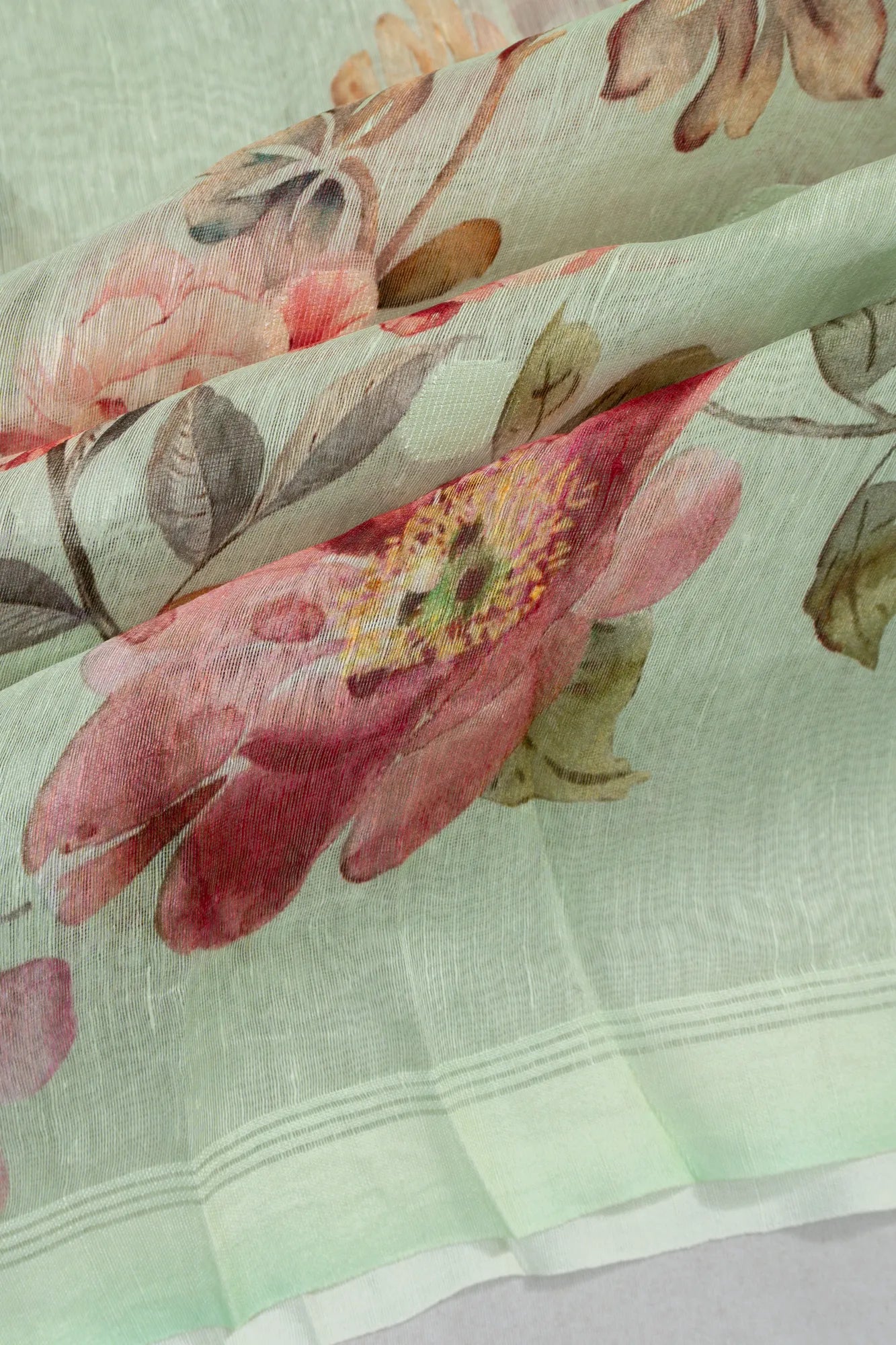Linen Floral Printed Pista Green Saree