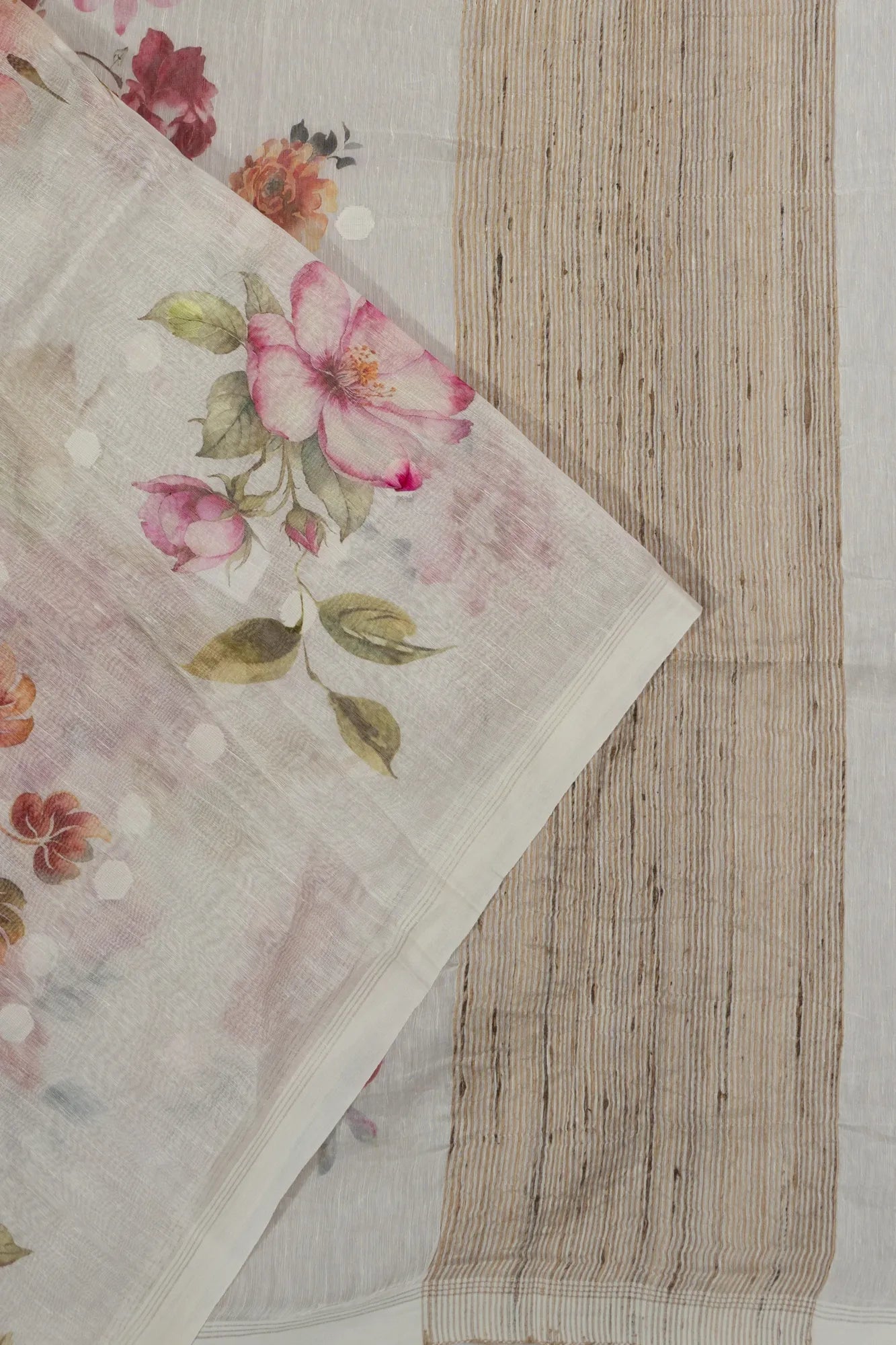 Linen Floral Printed White Saree