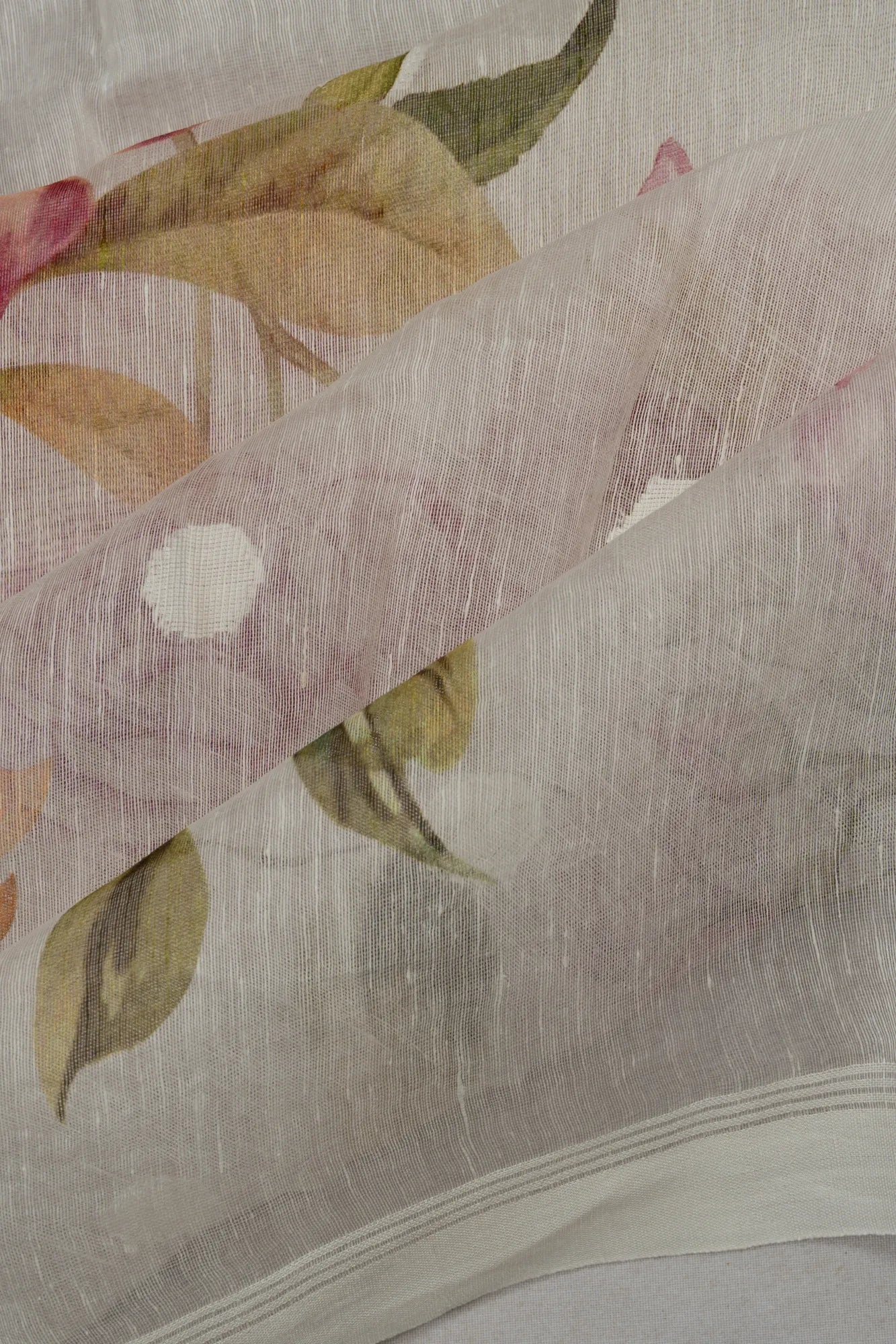 Linen Floral Printed White Saree