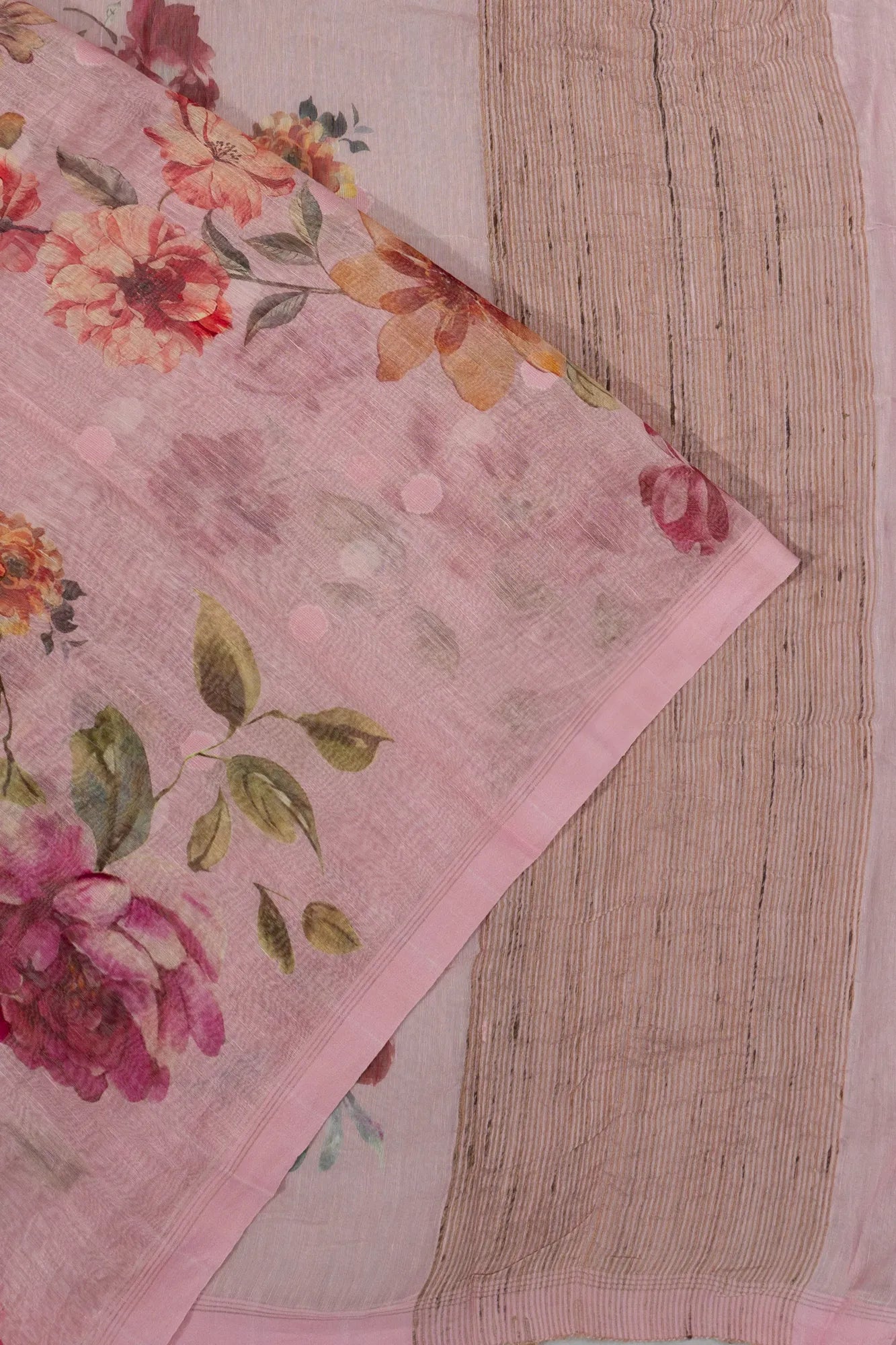 Linen Floral Printed Pink Saree