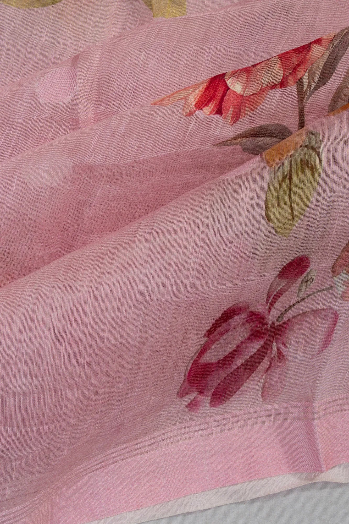 Linen Floral Printed Pink Saree